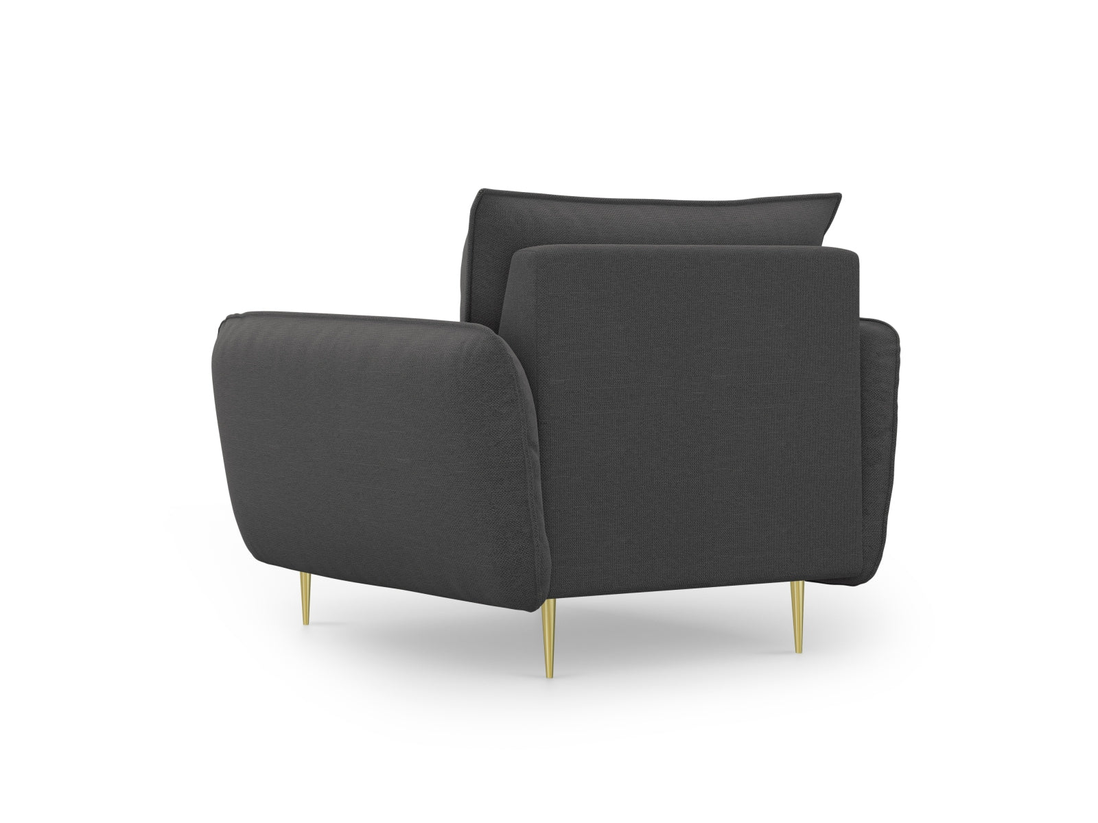 Moderner Sessel Vienna mit einem komfortablen Sitz in edlem Dunkelgrau und goldenen Details, perfekt für anspruchsvolle Inneneinrichtungen.