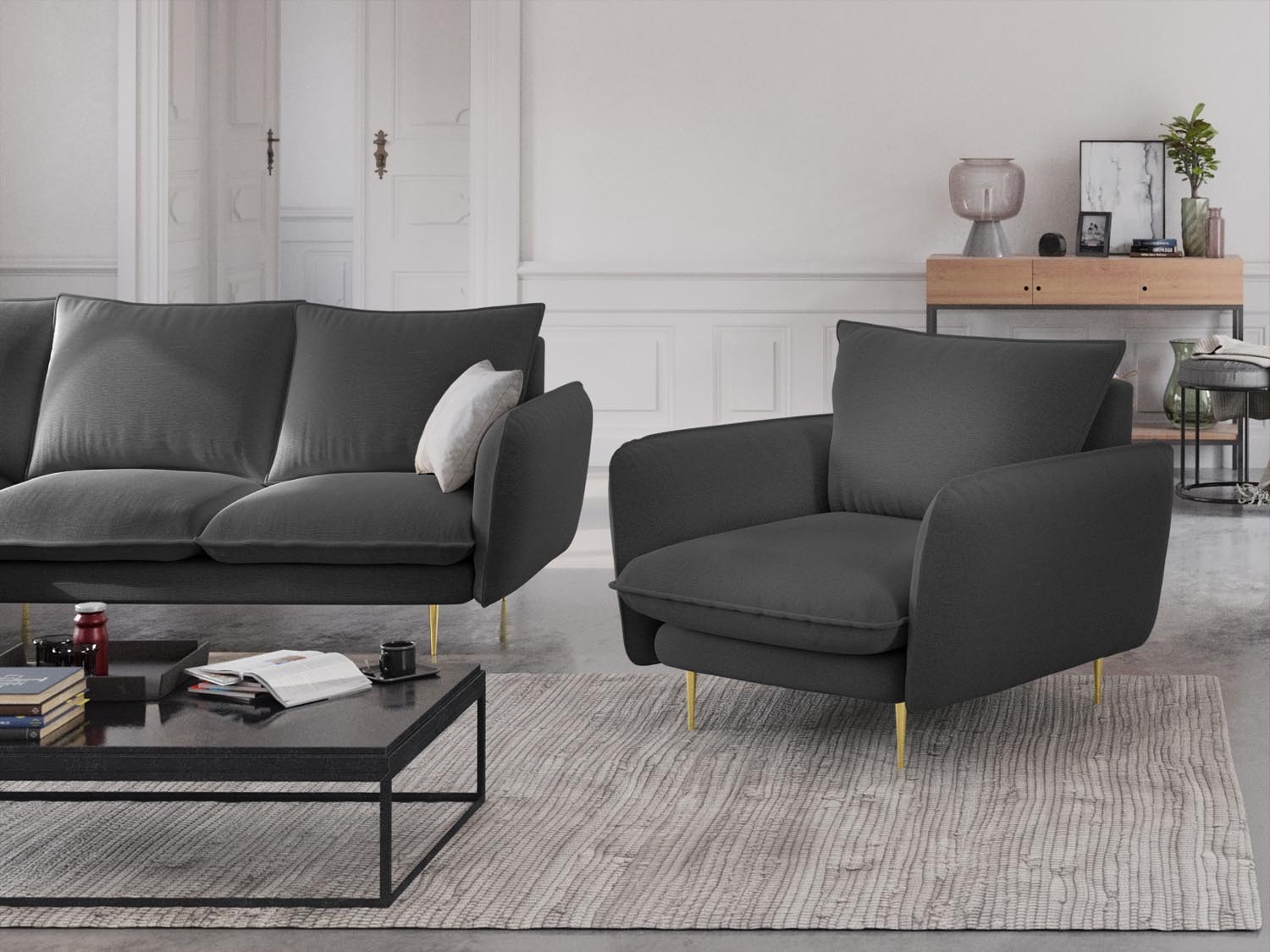 Eleganter Vienna Sessel mit einem Sitzplatz in Dunkelgrau und goldenen Akzenten, ideal für stilvolle Wohnräume.