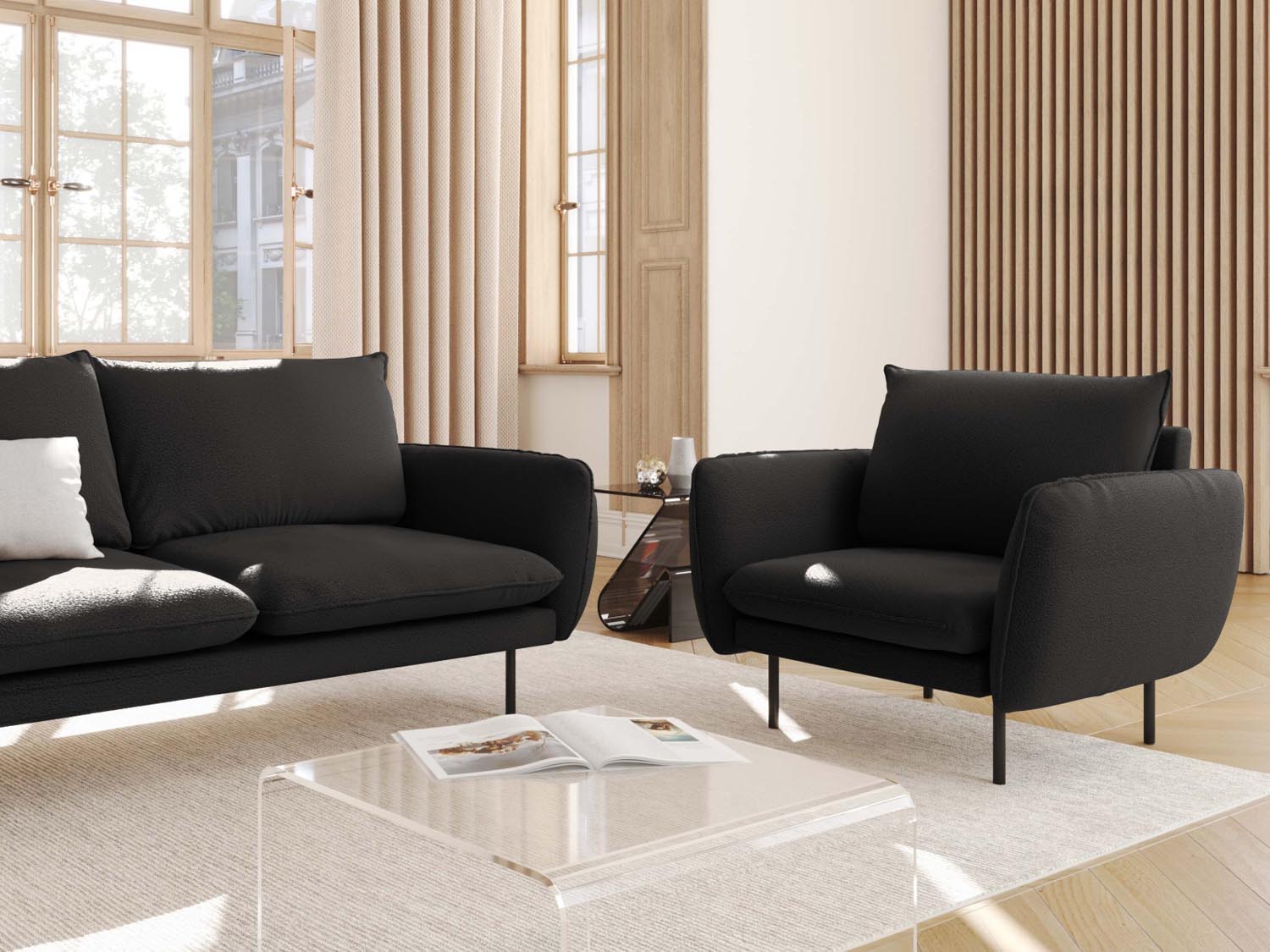 Eleganter Vienna Boucle Sessel in Schwarz, 94 cm, von Cosmopolitan Design – ideal für stilvolle Wohnräume.
