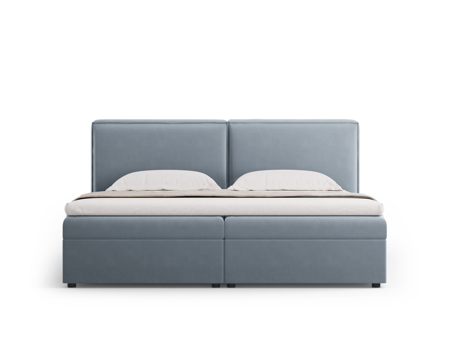 Elegantes Arendal Boxspringbett-Set in sanftem Hellblau, ideal für stilvolle Schlafzimmergestaltung. Hochwertige Verarbeitung von Cosmopolitan Design.