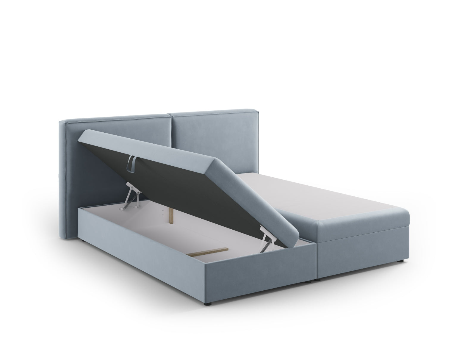 Modernes Boxspringbett-Set Arendal in zartem Hellblau, perfekt für eine elegante und gemütliche Schlafumgebung.