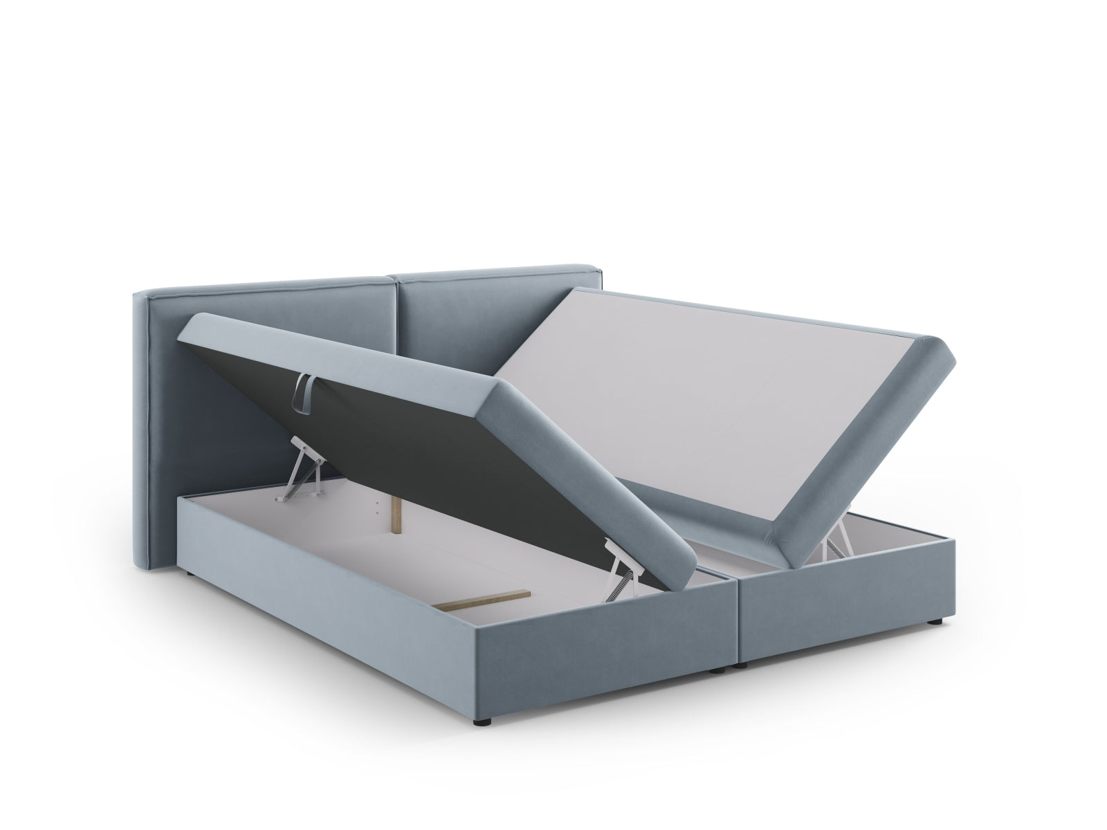 Elegantes Boxspringbett-Set Arendal in sanftem Hellblau, ideal für stilvolle Schlafzimmergestaltung und erholsamen Schlaf.
