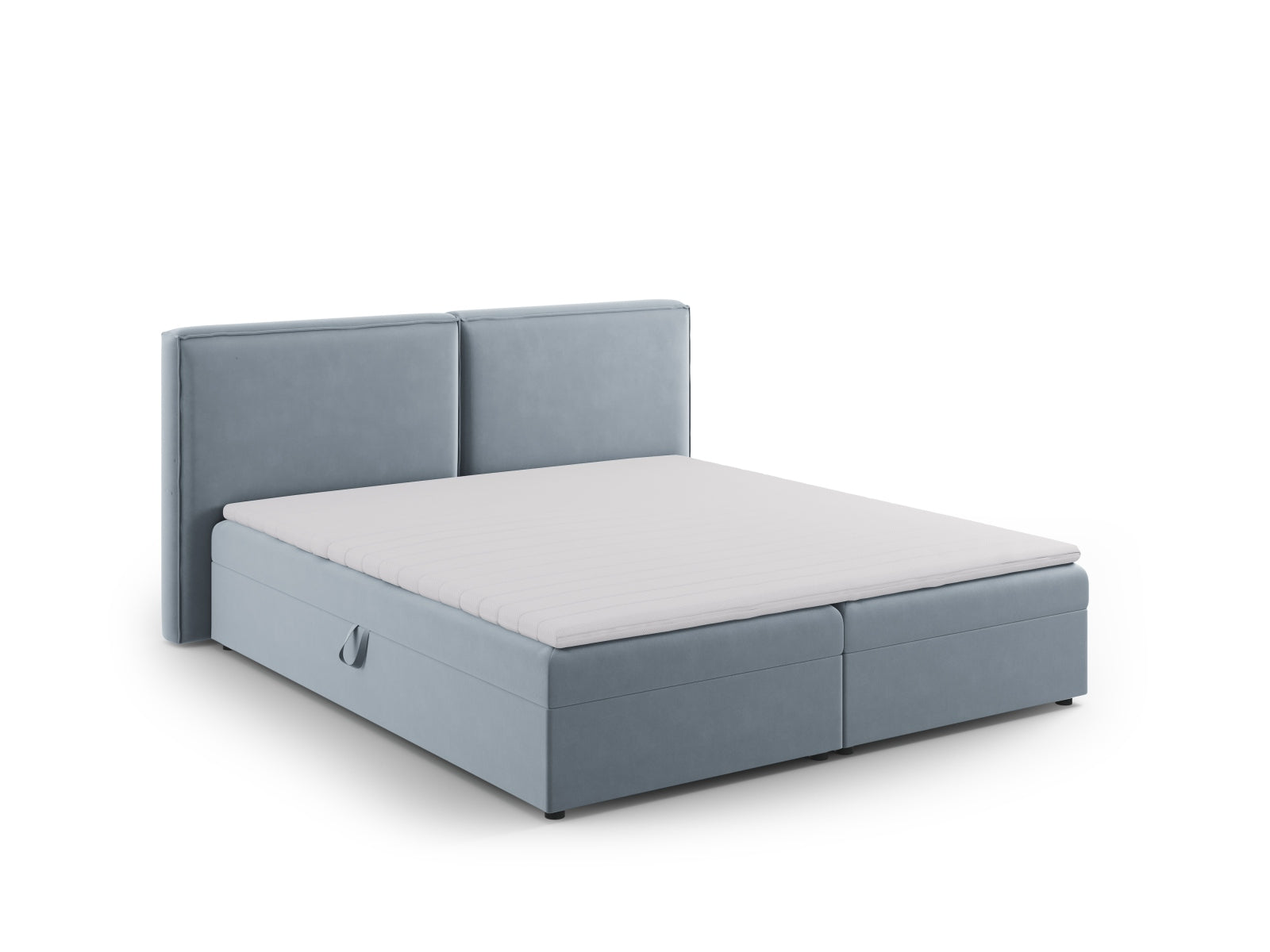 Modernes Boxspringbett-Set Arendal in zartem Hellblau, perfekt für ein gemütliches und stilvolles Schlafambiente.