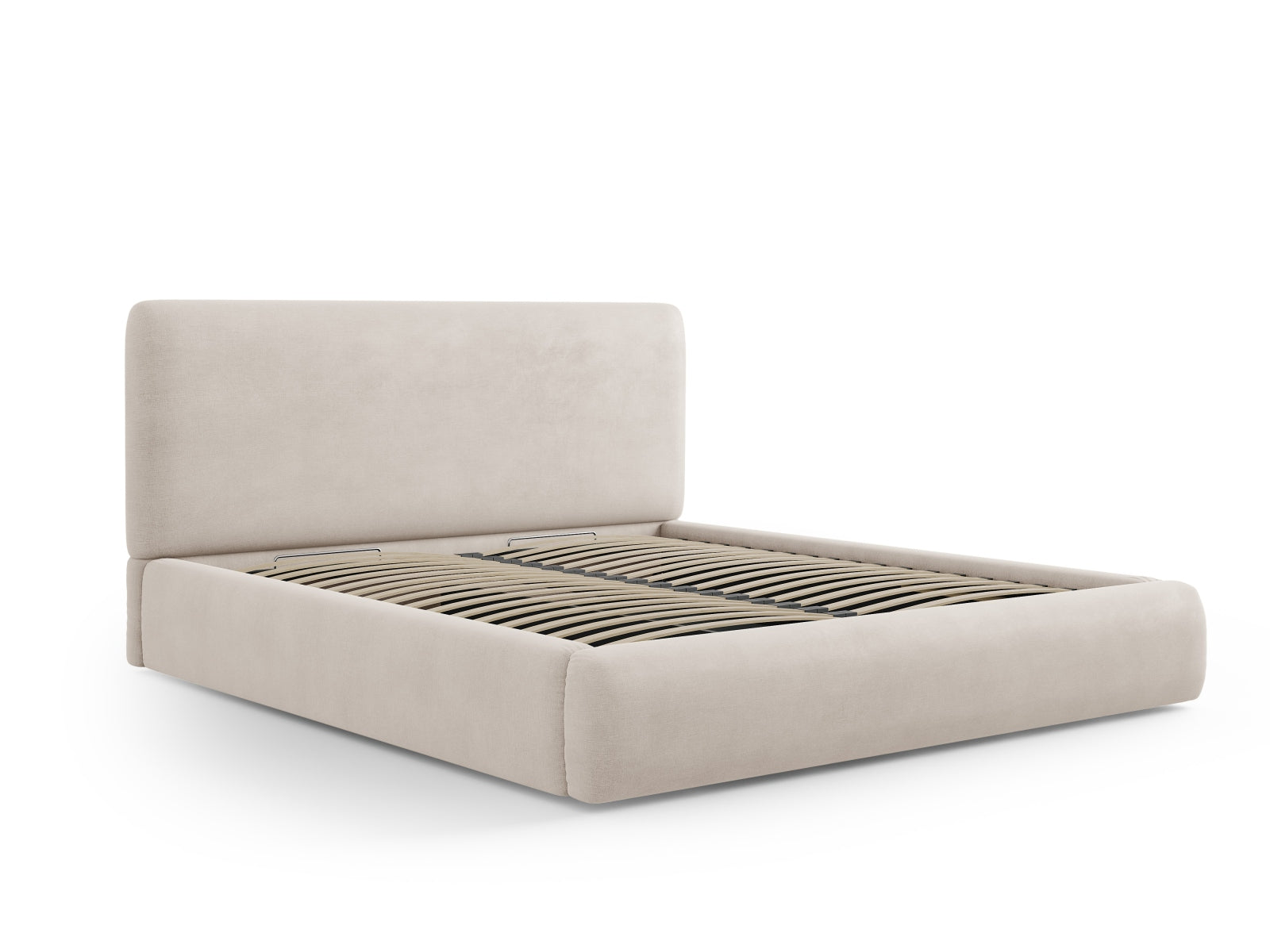 Modernes Colonel Bett in Beige mit integriertem Stauraum und ansprechendem Kopfteil, perfekt für stilvolle Schlafzimmerlösungen.