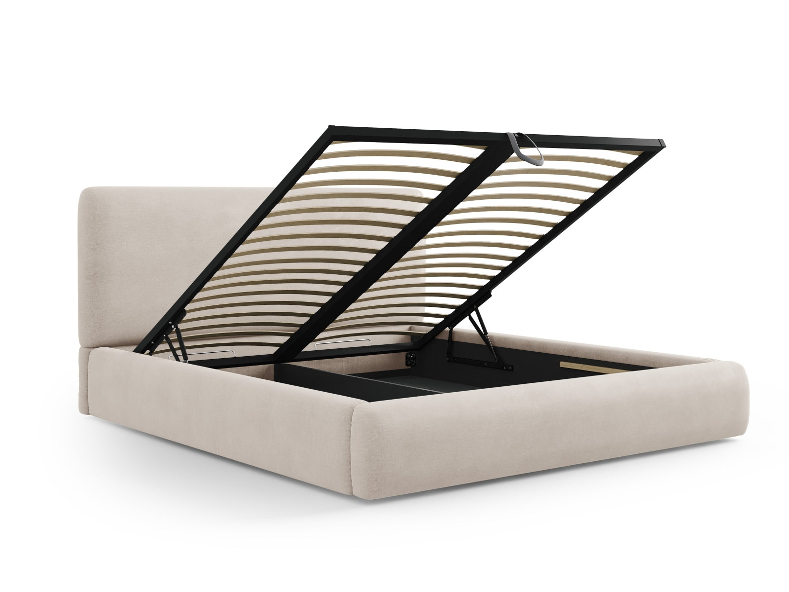 Elegantes Colonel Bett in sanftem Beige, ausgestattet mit praktischem Stauraum und einem stilvollen Kopfteil für ein modernes Schlafzimmer.