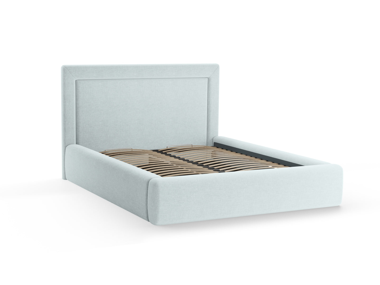 Elegantes Kremer Bett in Satin Blue-Wind, ideal für stilvolle Schlafzimmer, bietet praktischen Stauraum und ein geschmackvolles Kopfteil.