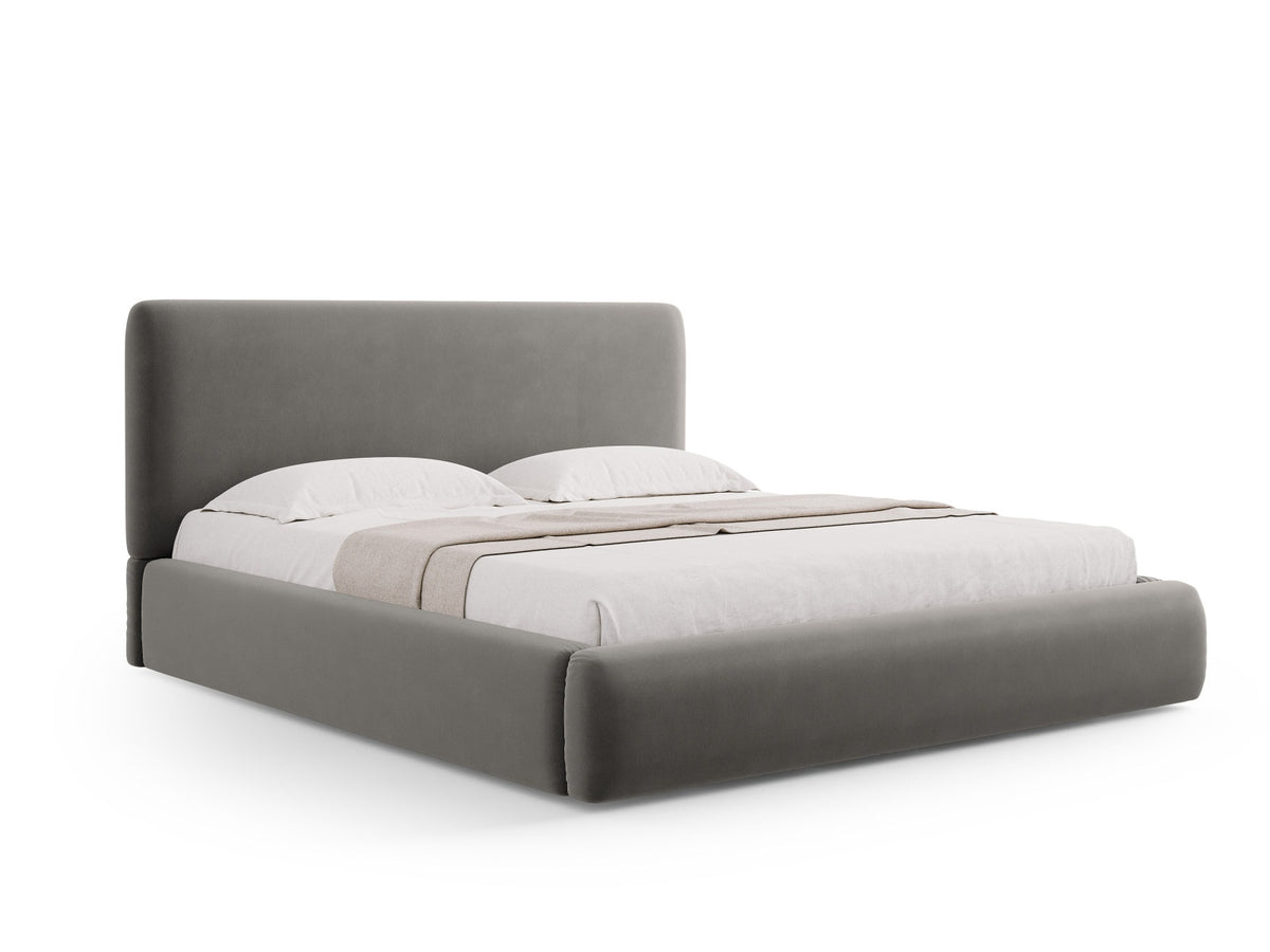 Samt-Bettgestell Colonel mit gepolstertem Kopfteil, Metallrahmen und frontseitig öffnbarer Bettkiste in Light Beige-Riviera, 140 x 200 cm.