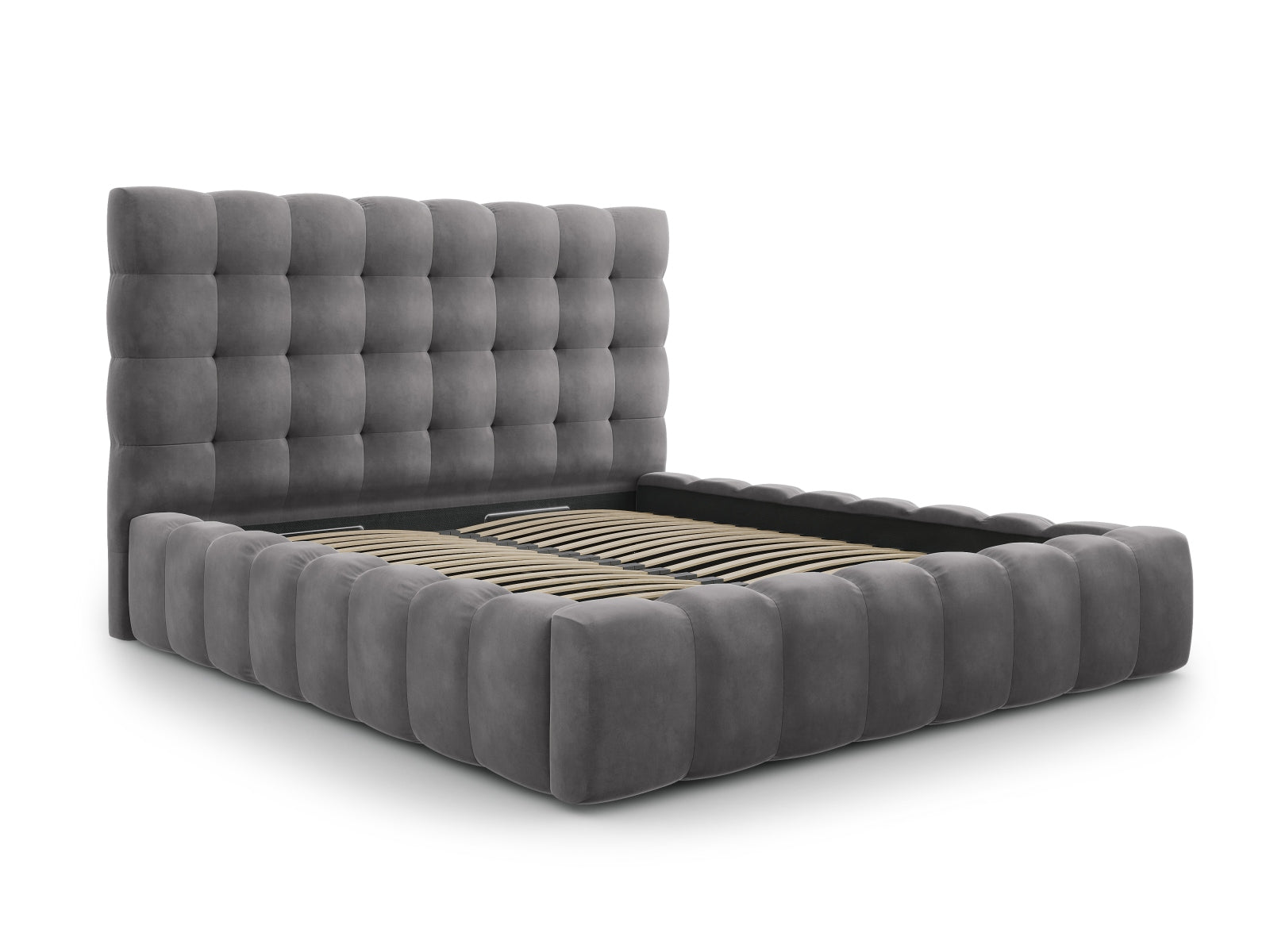 Elegantes Bali Bett mit praktischem Stauraum und stilvollem Kopfteil in Grey-Bluvel, ideal für moderne Schlafzimmer.