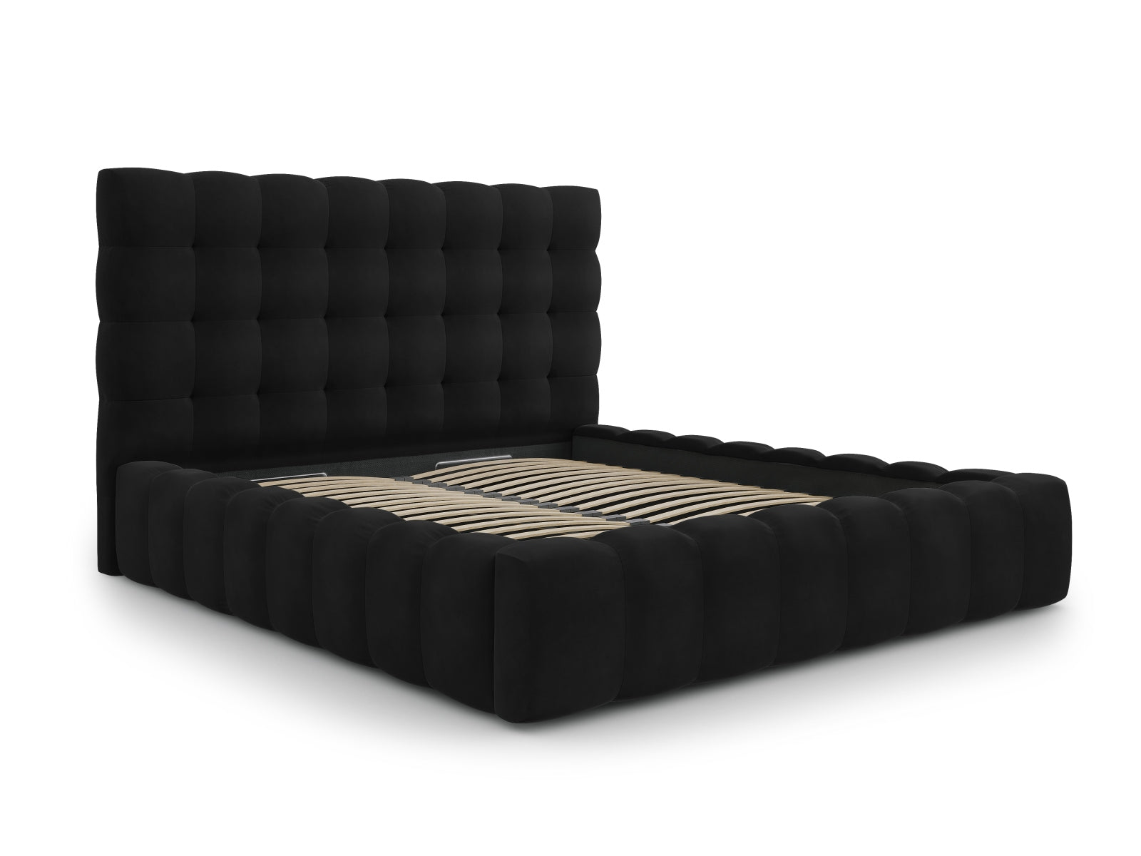 Elegantes Bali Bett mit 140 cm Kopfteil und praktischem Stauraum in stilvollem Black-Bluvel, ideal für moderne Schlafzimmer.
