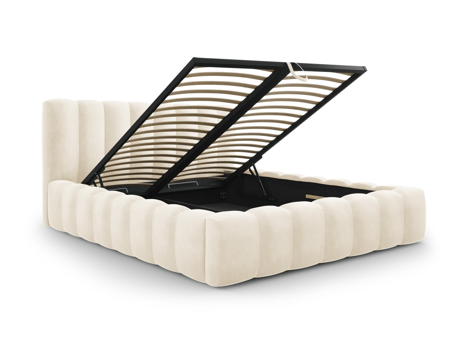 Modernes Palma Bett mit 140 cm Breite, ausgestattet mit einem stilvollen Kopfteil und cleverem Stauraum in sanftem Beige.