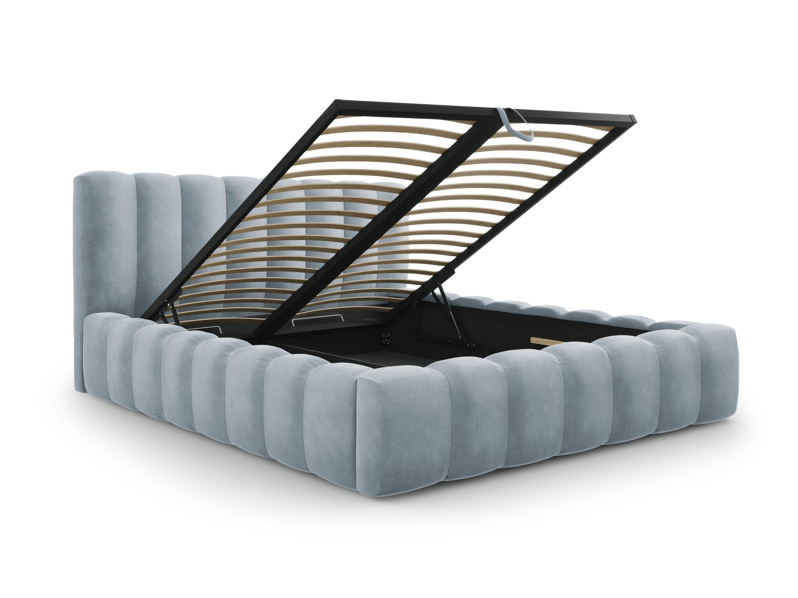 Modernes Palma Bett mit 140 cm Breite, ausgestattet mit einem funktionalen Stauraum und einem geschmackvollen Kopfteil in sanftem Light Blue.