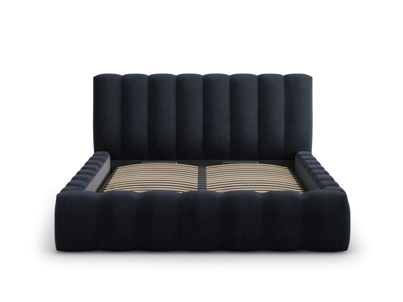Elegantes Palma Bett mit praktischem Stauraum und stilvollem Kopfteil in Dunkelblau, ideal für moderne Schlafzimmer.