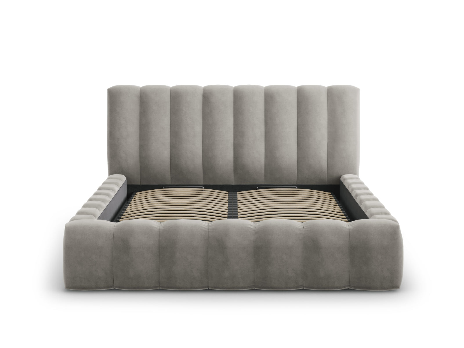 Elegantes Palma Bett mit Stauraum und Kopfteil in 140 cm Breite, stilvolles Design in Light Grey-Bluvel von Cosmopolitan Design.
