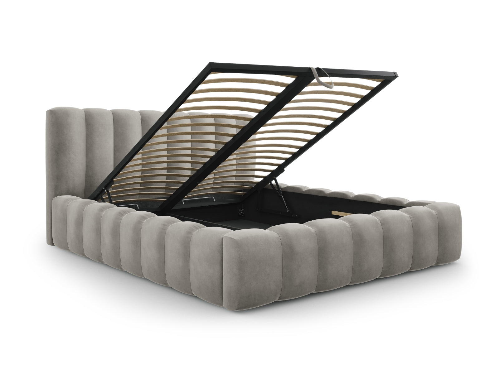 Modernes Palma Bett mit praktischem Stauraum und elegantem Kopfteil, 140 cm breit, in stilvollem Light Grey-Bluvel von Cosmopolitan Design.