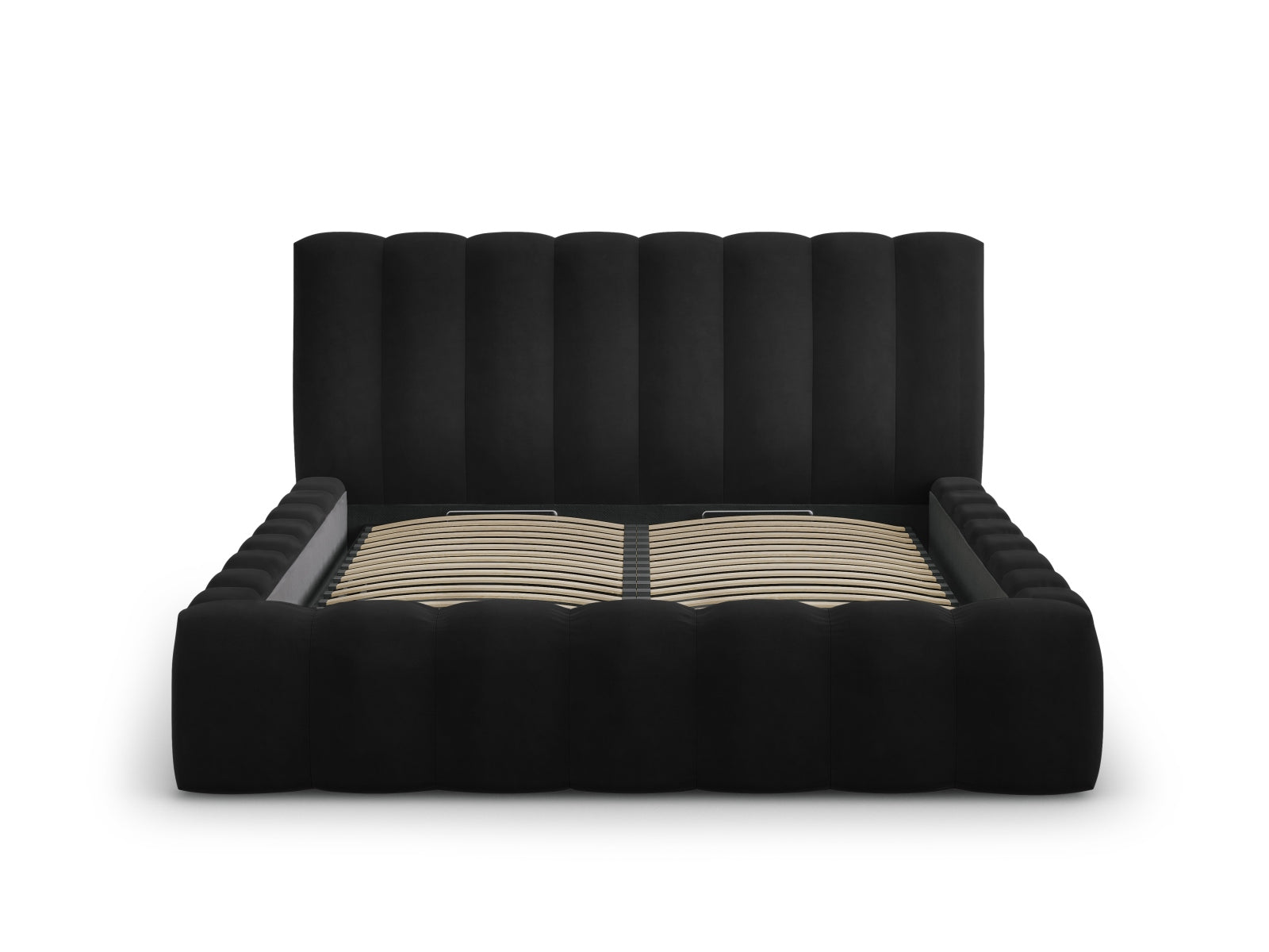 Elegantes Palma Bett mit 140 cm Breite, Stauraum und stilvollem Kopfteil in Black-Bluvel, ideal für moderne Schlafzimmer.