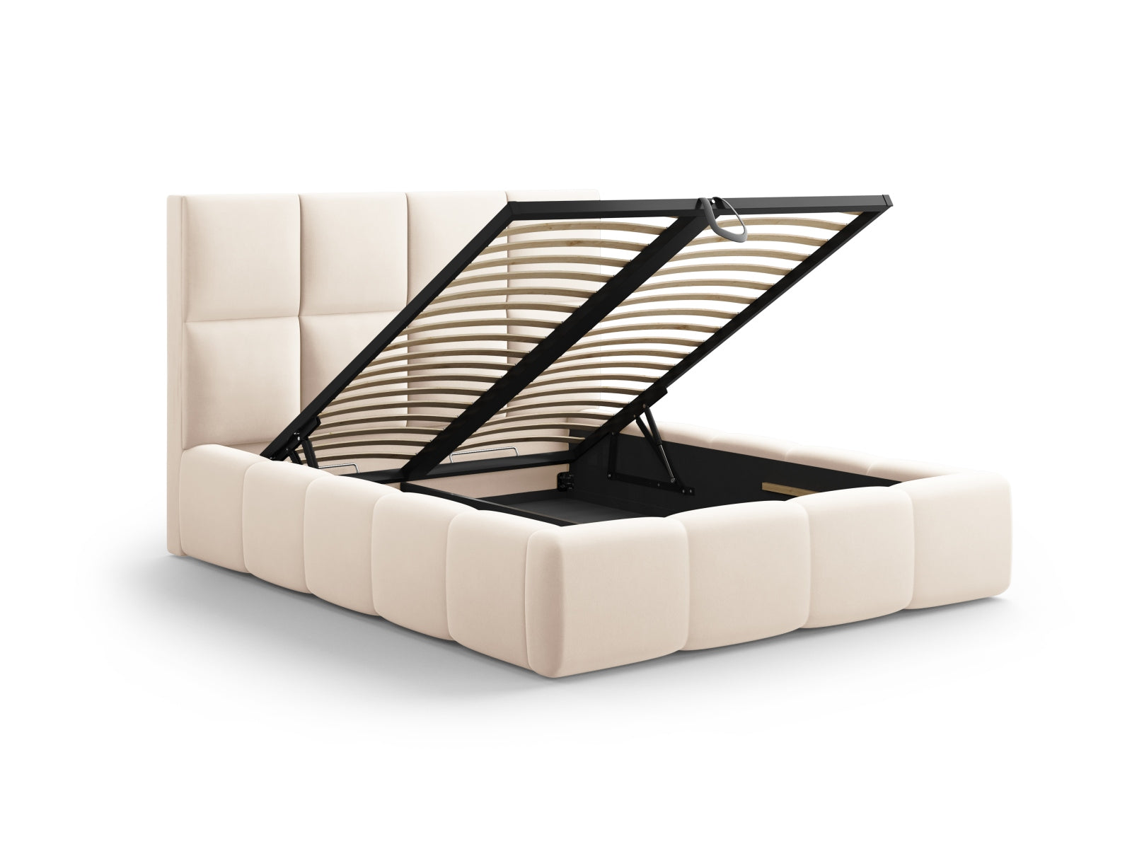 Elegantes Livigno Bett mit praktischem Stauraum und stilvollem Kopfteil in sanftem Beige, ideal für moderne Schlafzimmer.