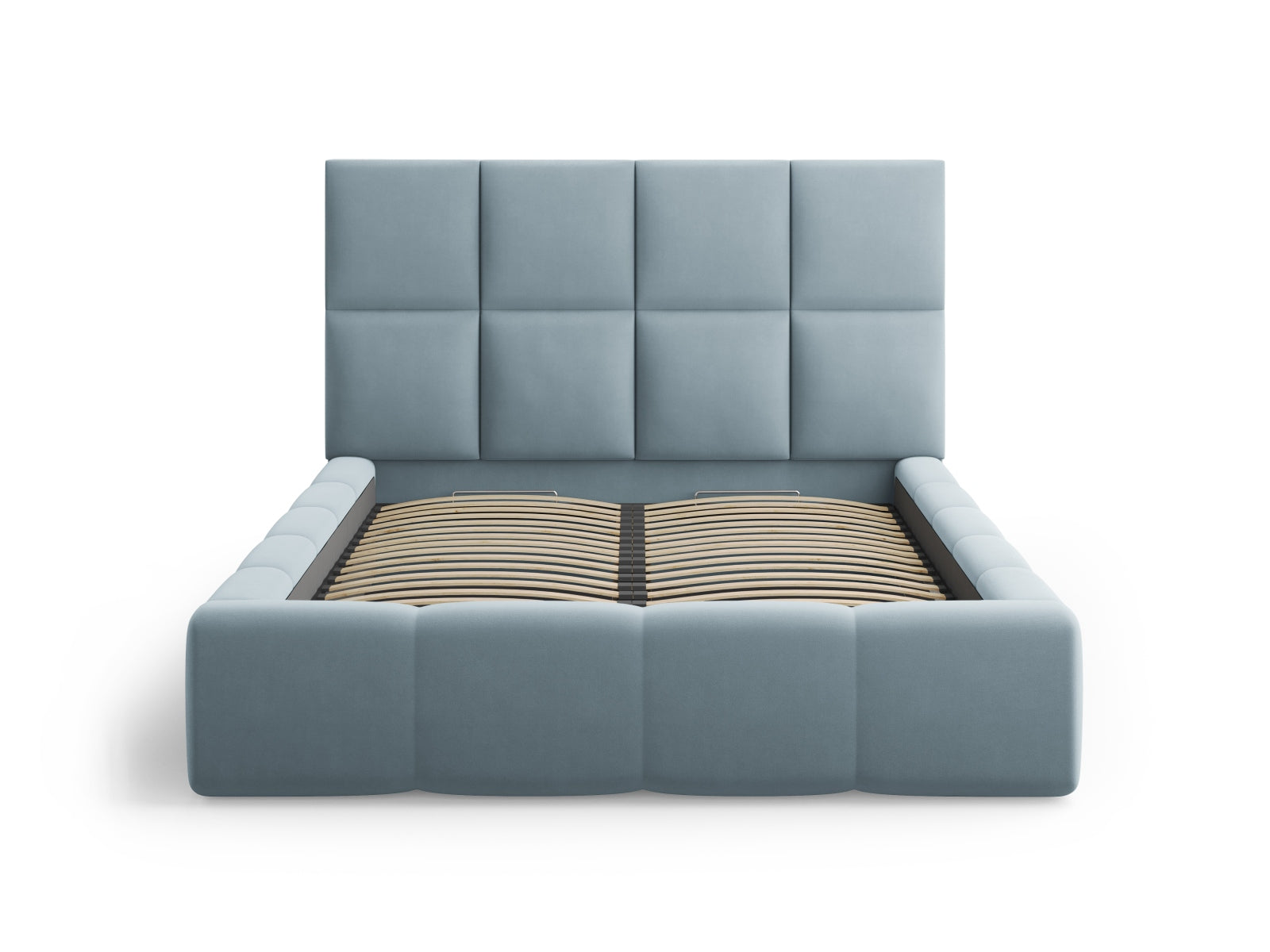 Modernes Livigno Bett mit integriertem Stauraum und geschmackvollem Kopfteil in zartem Hellblau, perfekt für stilvolle Schlafzimmer.
