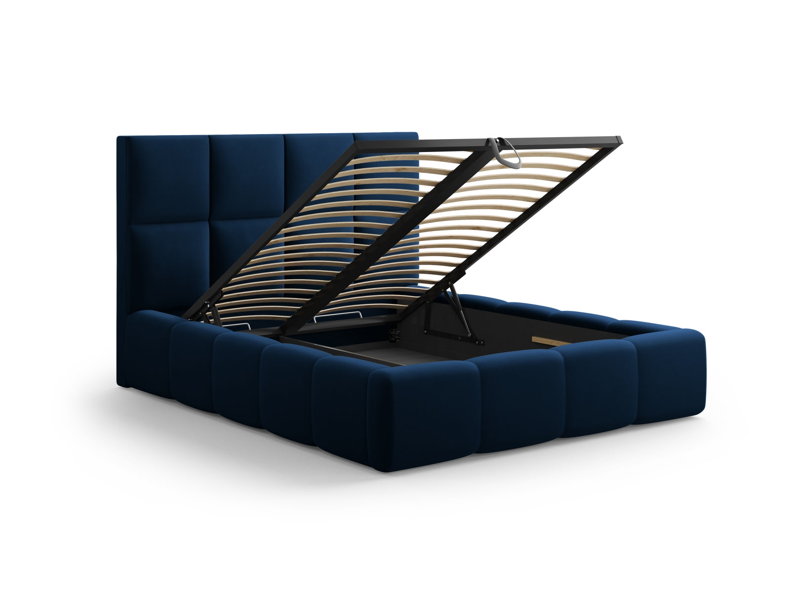 Elegantes Livigno Bett in Royal Blue mit praktischem Stauraum und geschmackvollem Kopfteil, ideal für moderne Schlafzimmer.
