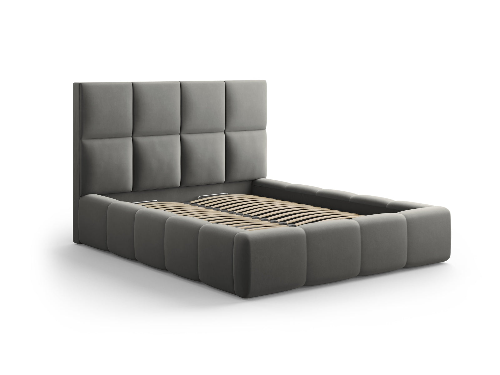 Elegantes Livigno Bett mit praktischem Stauraum und stilvollem Kopfteil in Light Grey-Bluvel, ideal für moderne Schlafzimmer.
