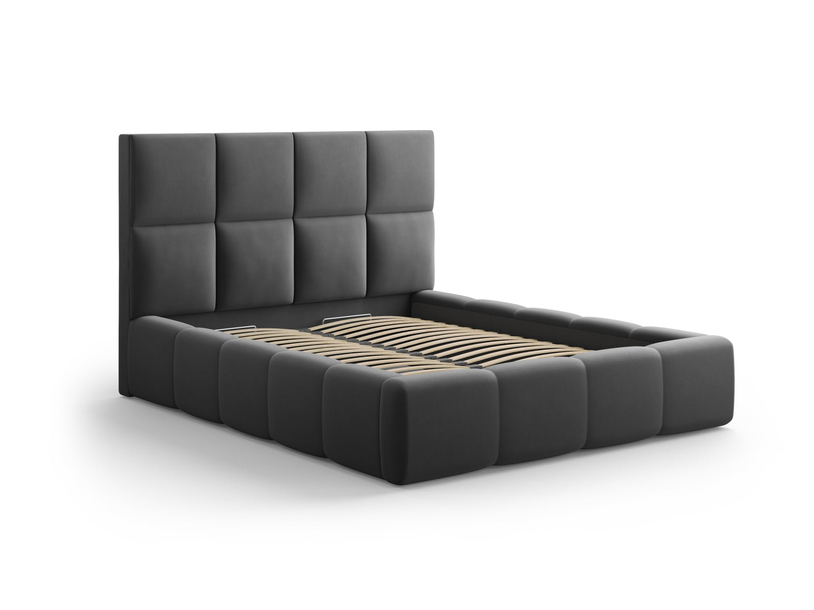 Stylisches Livigno Bett mit 160 cm Breite, Stauraum und elegantem Kopfteil in Grey-Bluvel, ideal für moderne Schlafzimmer.