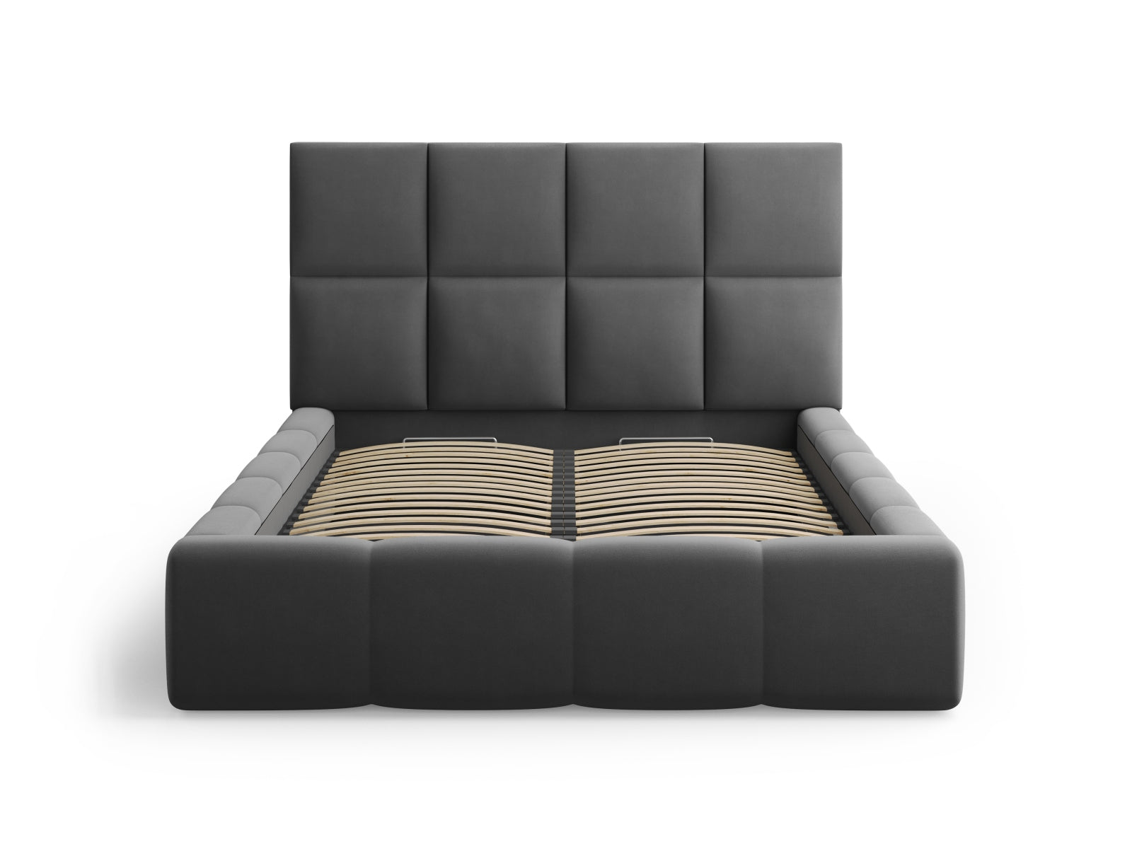 Modernes Livigno Bett mit 160 cm Breite, praktischem Stauraum und geschmackvollem Kopfteil in Grey-Bluvel, perfekt für stilvolle Schlafzimmer.