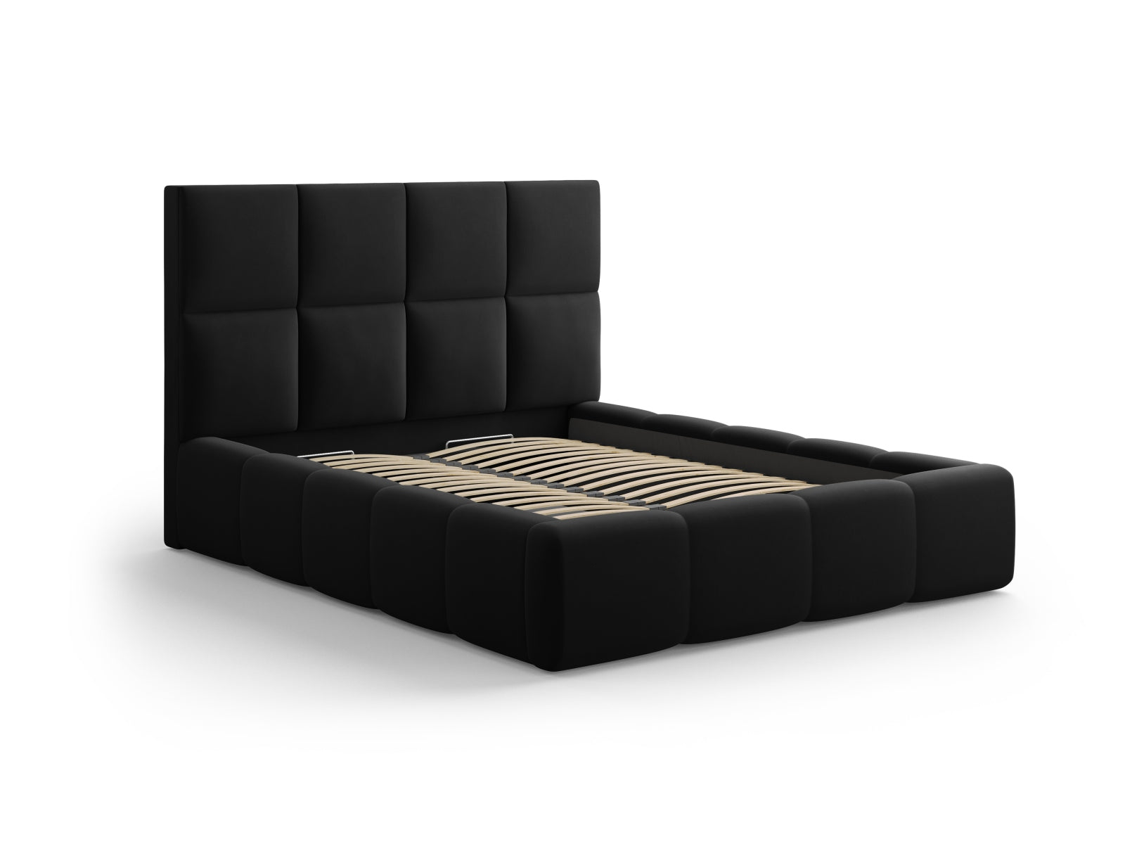 Elegantes Livigno Bett mit 160 cm Breite, Stauraum und stilvollem Kopfteil in Black-Bluvel, ideal für modernes Wohnen.
