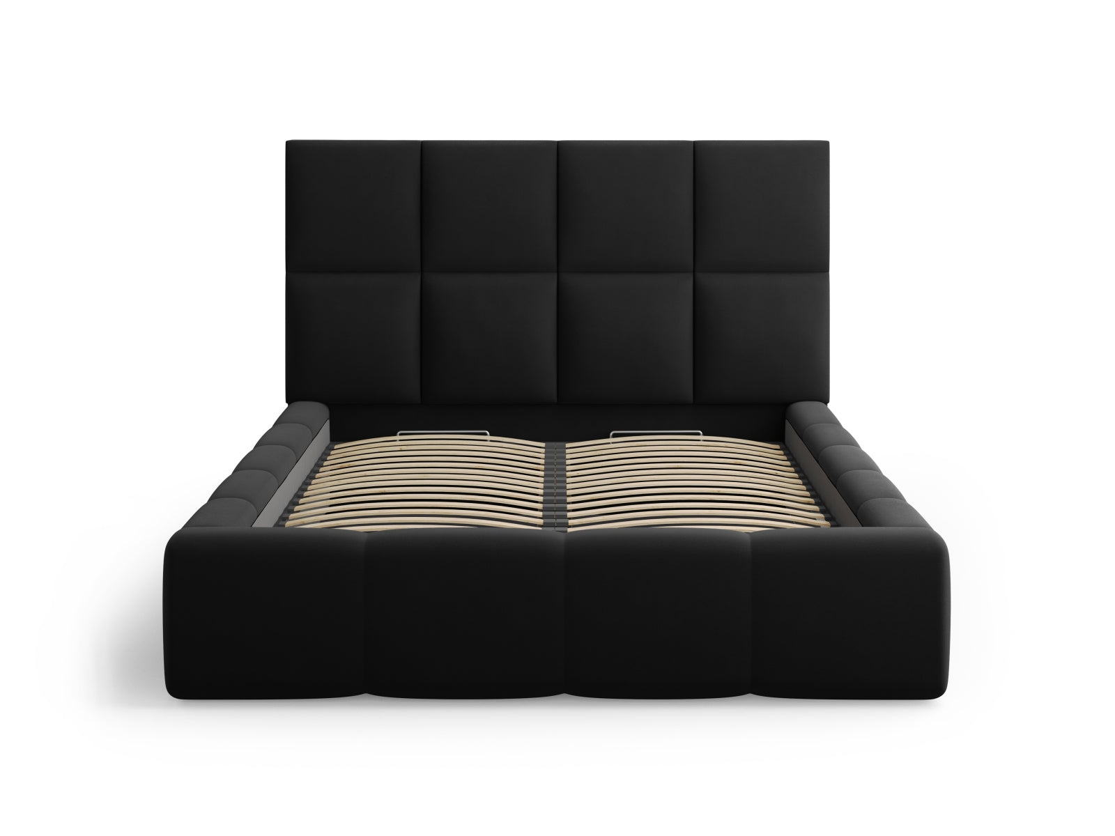 Modernes Livigno Bett mit 160 cm Breite, praktischen Stauraum und geschmackvollem Kopfteil in Black-Bluvel, perfekt für stilvolle Schlafzimmer.