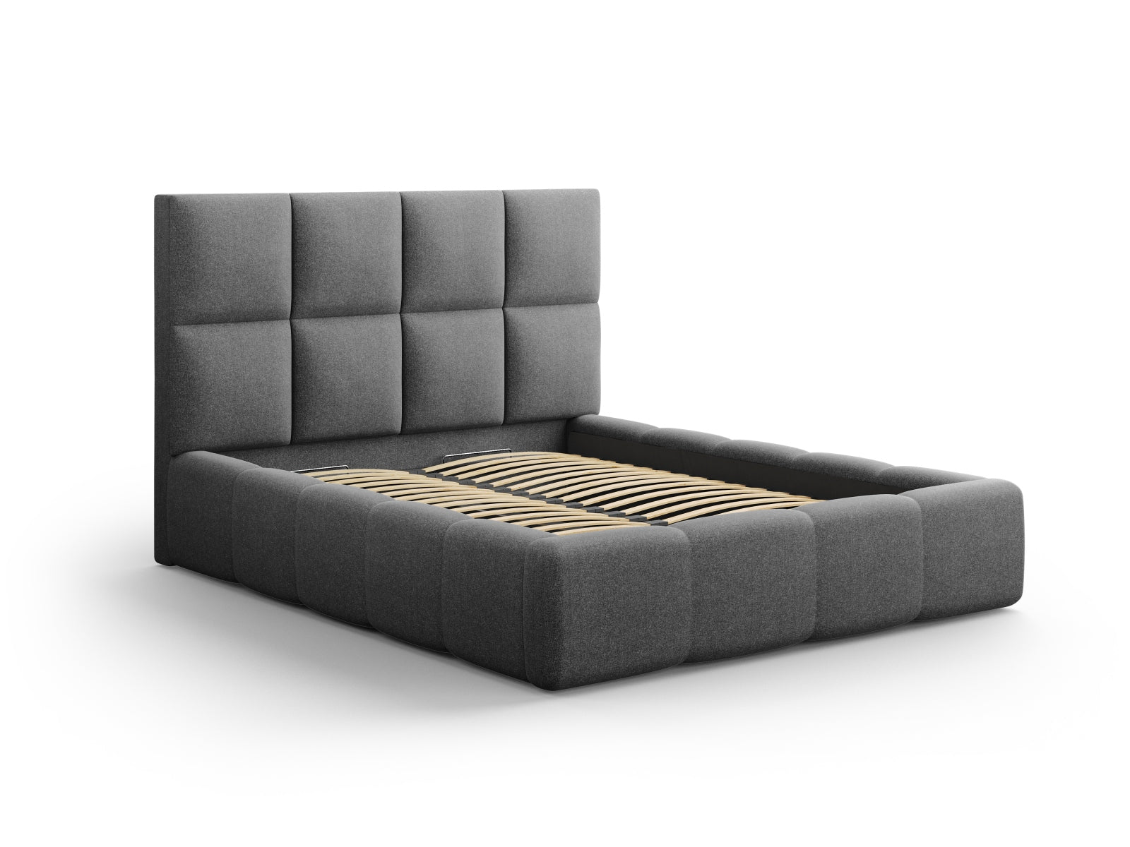 Elegantes Livigno Bett mit praktischem Stauraum und stilvollem Kopfteil in Dunkelgrau, ideal für moderne Schlafzimmer.