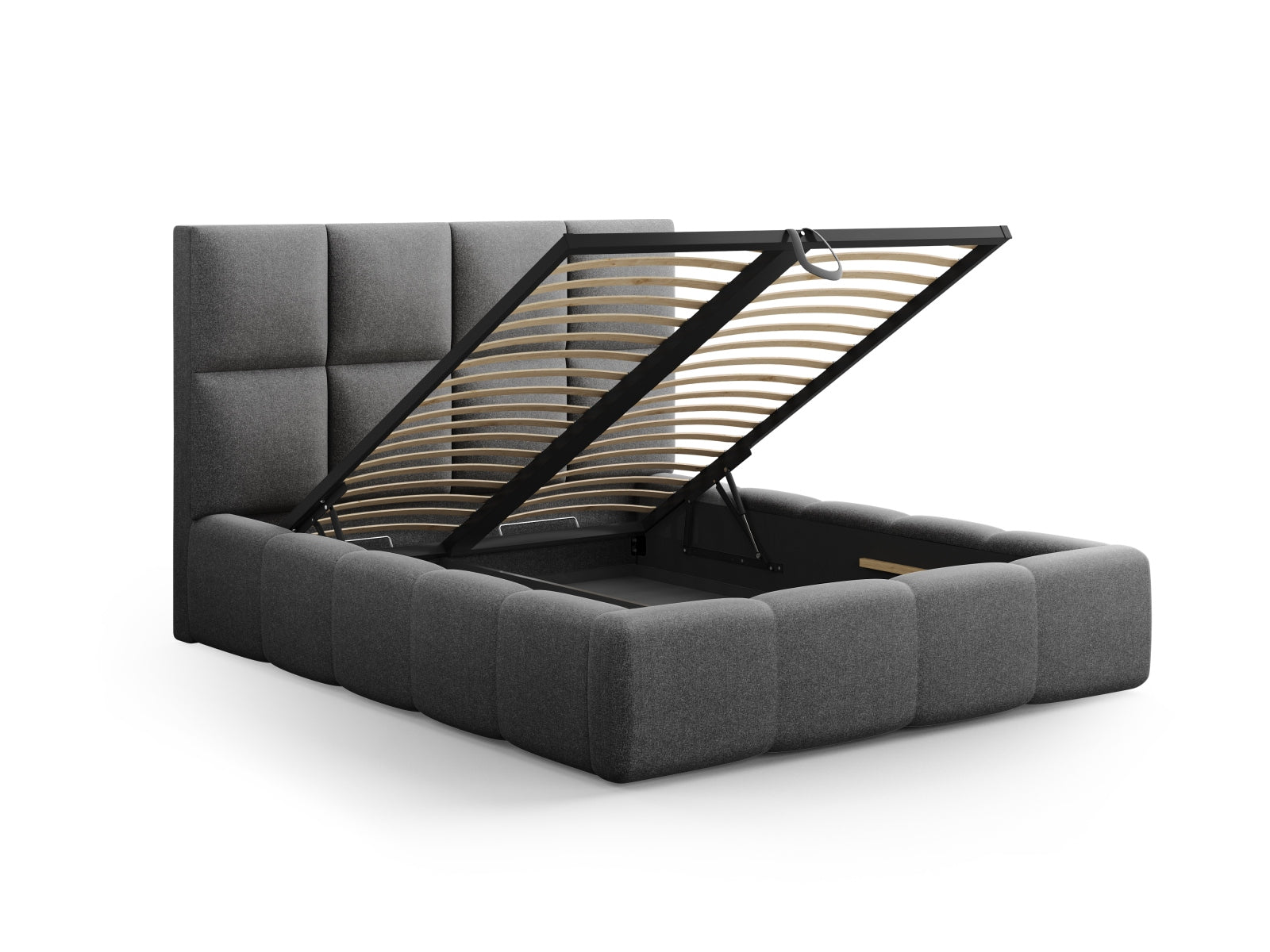 Stylisches Livigno Bett in Dunkelgrau, 160 cm breit, bietet praktischen Stauraum und ein elegantes Kopfteil für jedes Schlafzimmer.