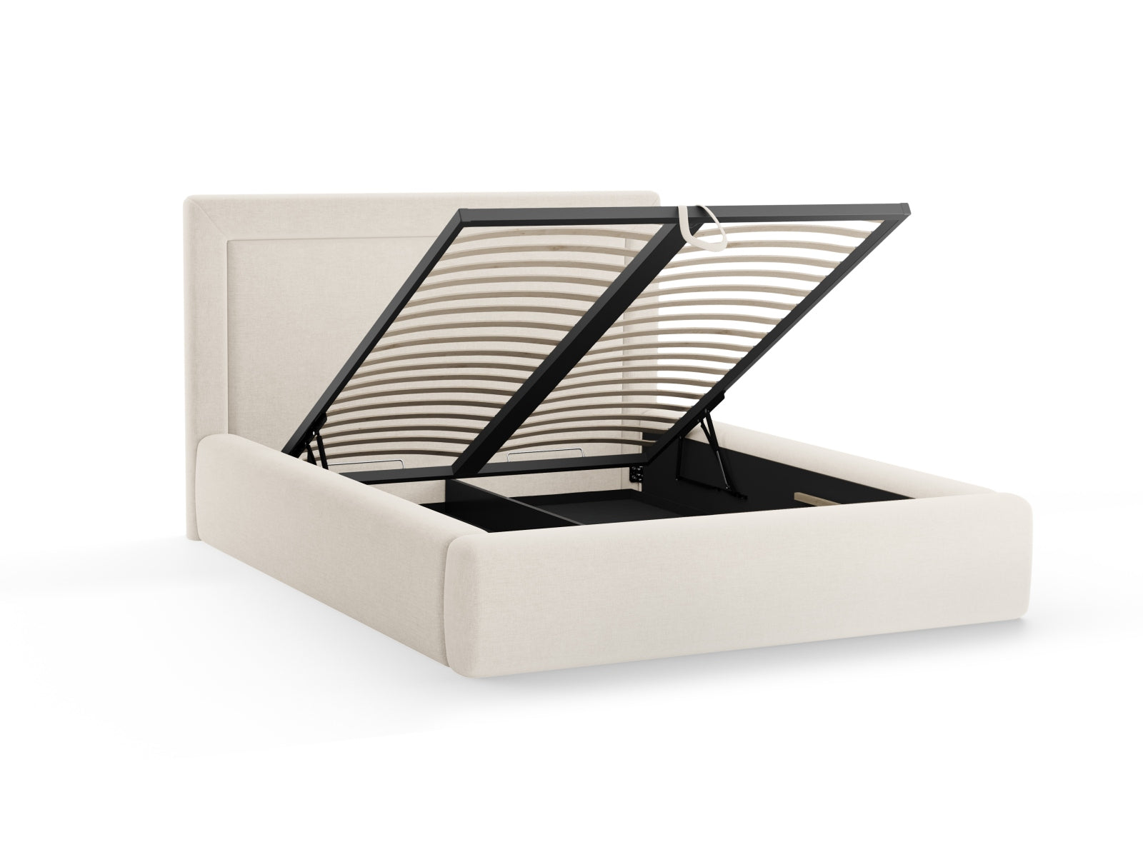 Modernes Kemer Bett mit 180 cm Breite, bietet cleveren Stauraum und ein geschmackvolles Kopfteil in zartem Beige für stilvolle Schlafzimmer.