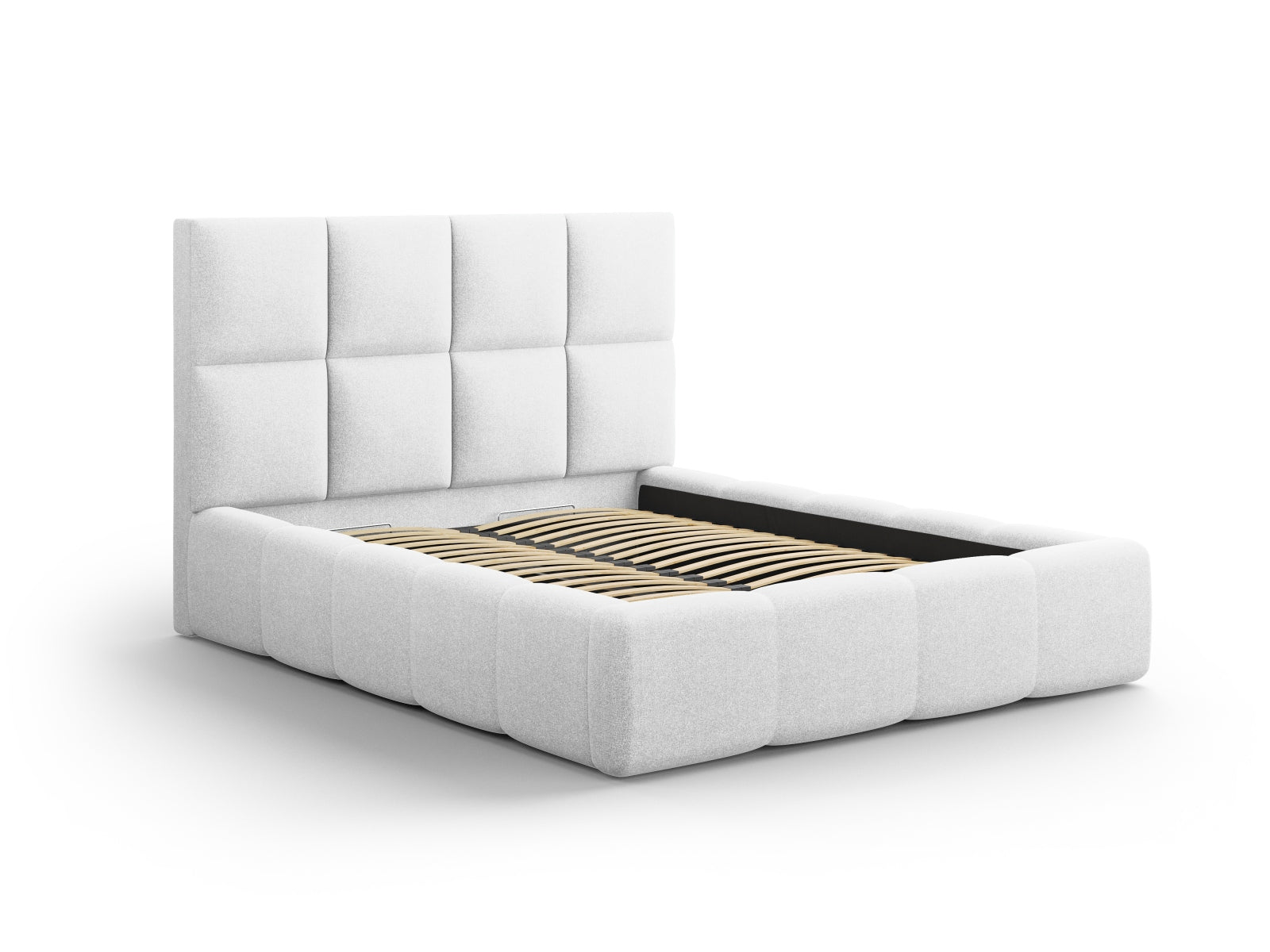 Modernes Livigno Bett mit Stauraum und elegantem Kopfteil in Cold Light Grey, ideal für stilvolle Schlafzimmergestaltung.