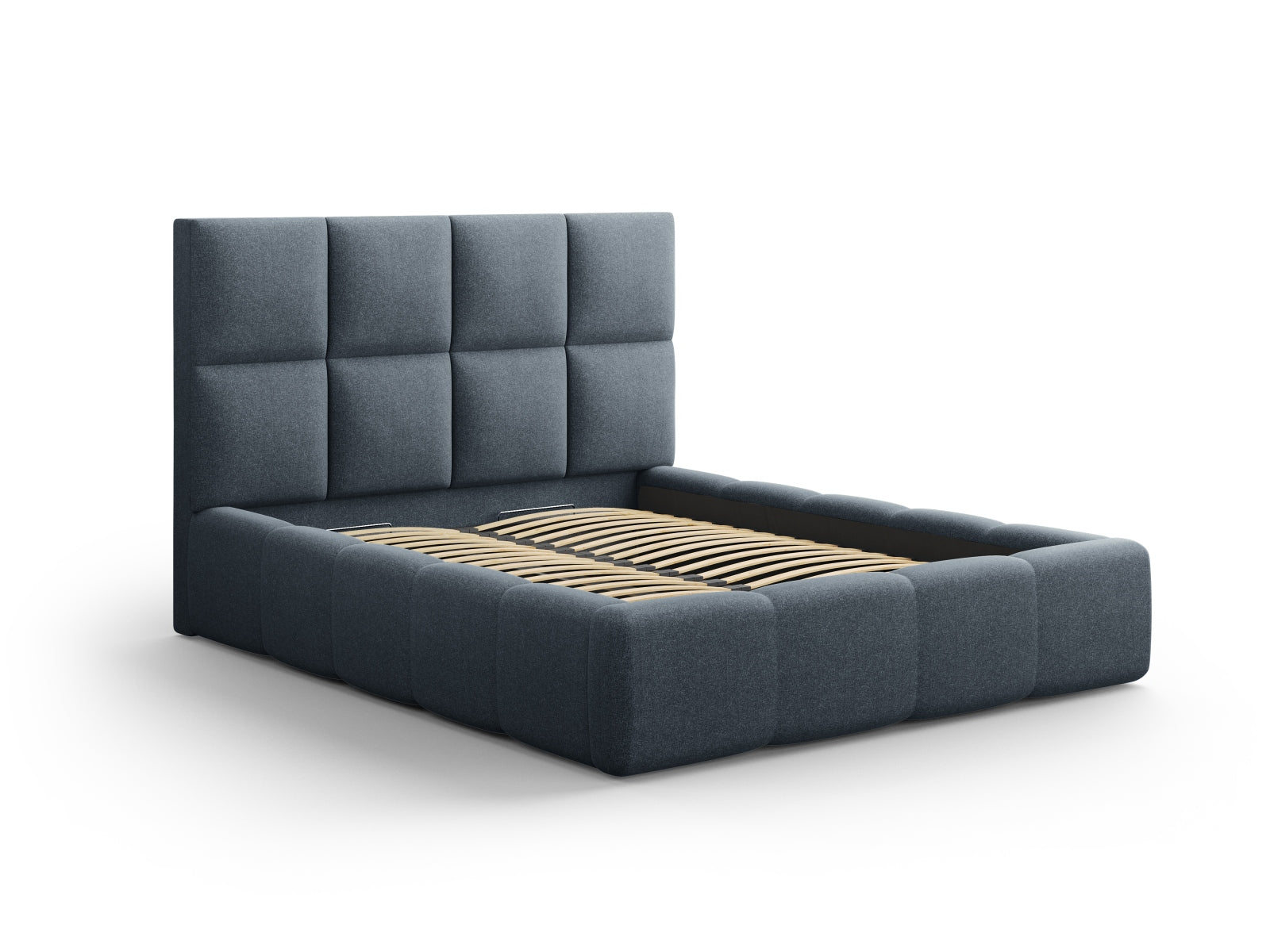 Elegantes Livigno Bett mit praktischem Stauraum und stilvollem Kopfteil in Dunkelblau, ideal für moderne Schlafzimmer.