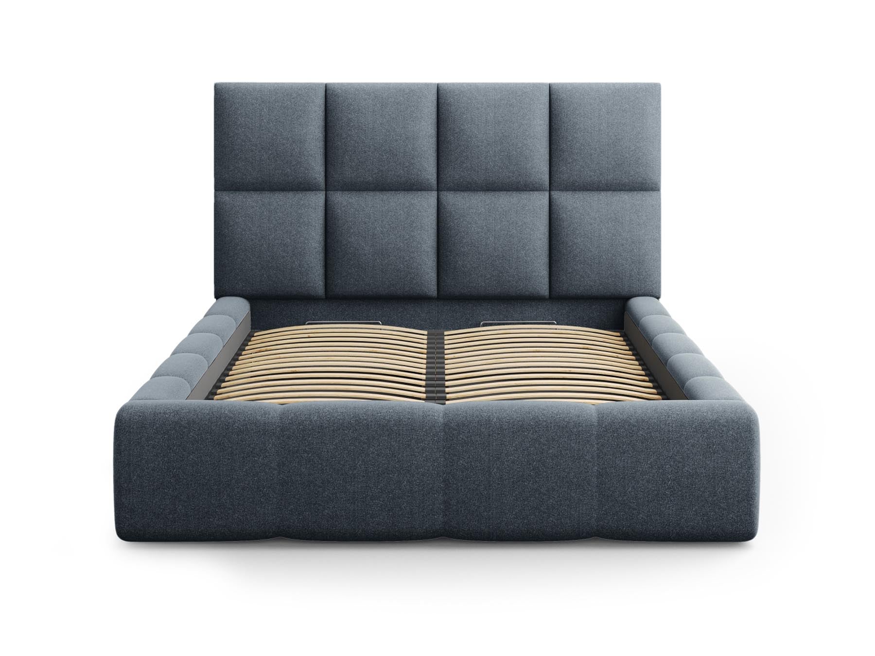 Modernes Livigno Bett in Dunkelblau mit integriertem Stauraum und ansprechendem Kopfteil, perfekt für stilvolle Schlafzimmerlösungen.