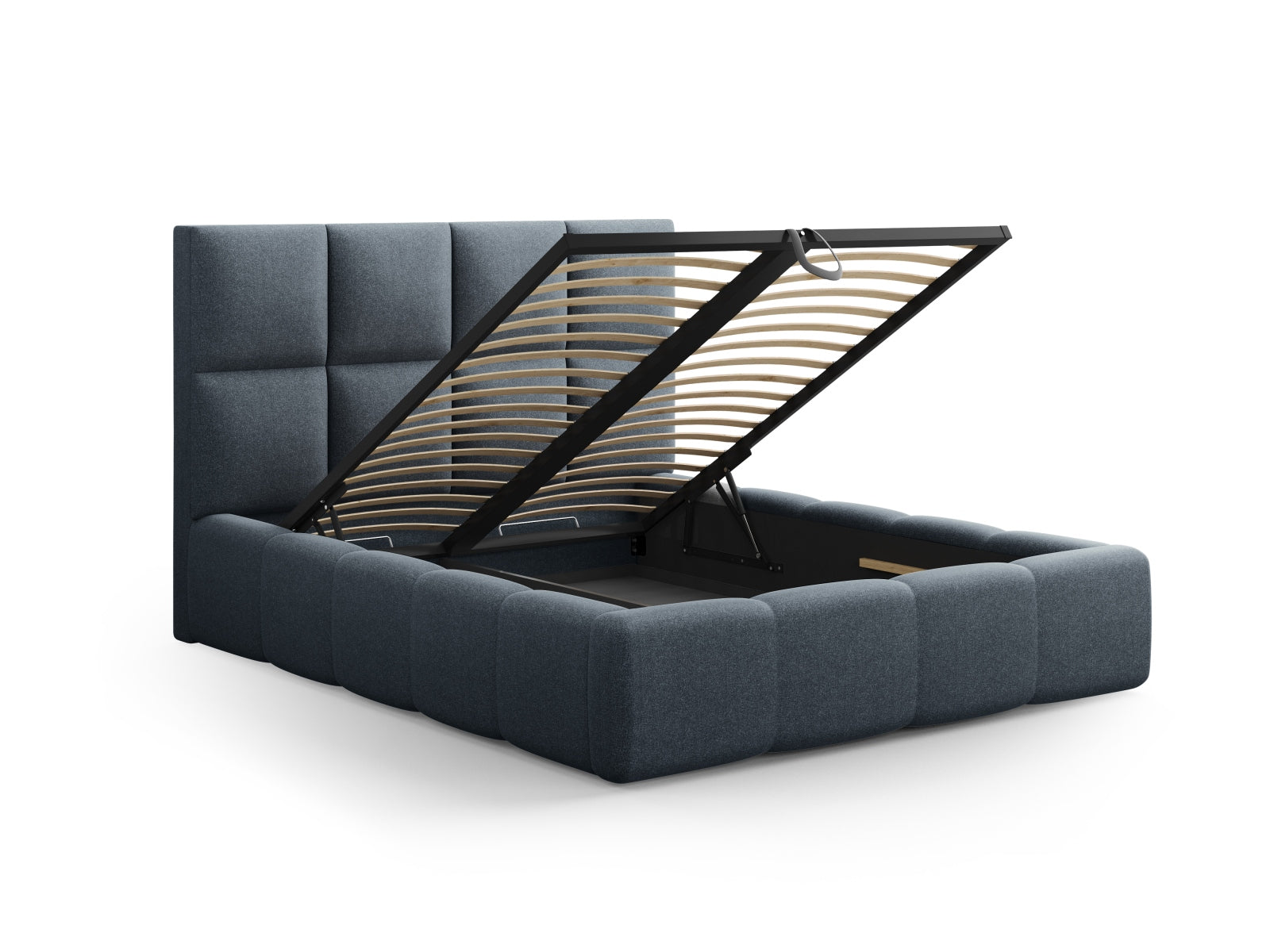 Elegantes Livigno Bett in tiefem Blau, ausgestattet mit praktischem Stauraum und einem stilvollen Kopfteil für ein modernes Schlafzimmer.