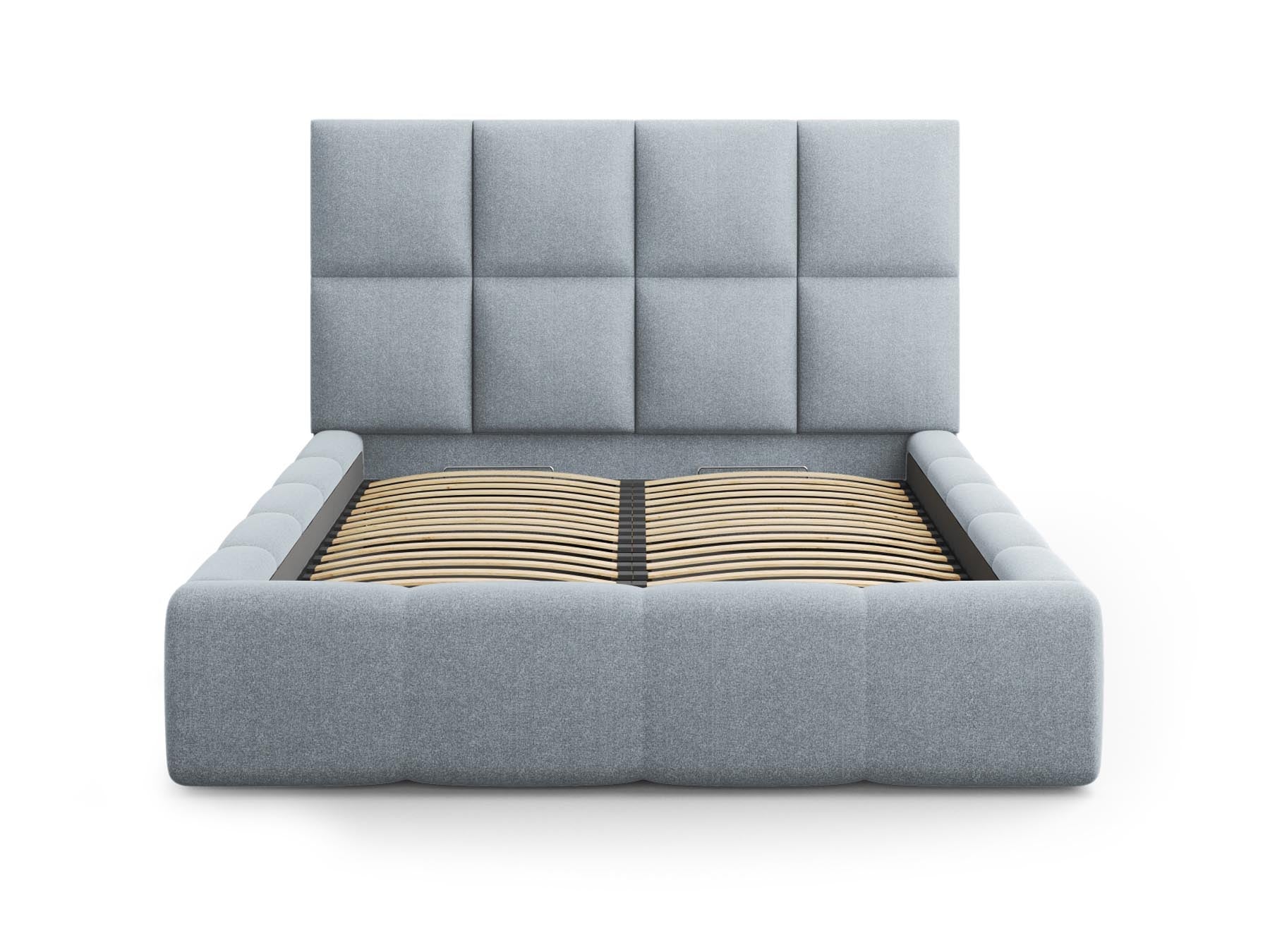 Modernes Livigno Bett mit integriertem Stauraum und geschmackvollem Kopfteil in zartem Hellblau, perfekt für stilvolle Schlafräume.