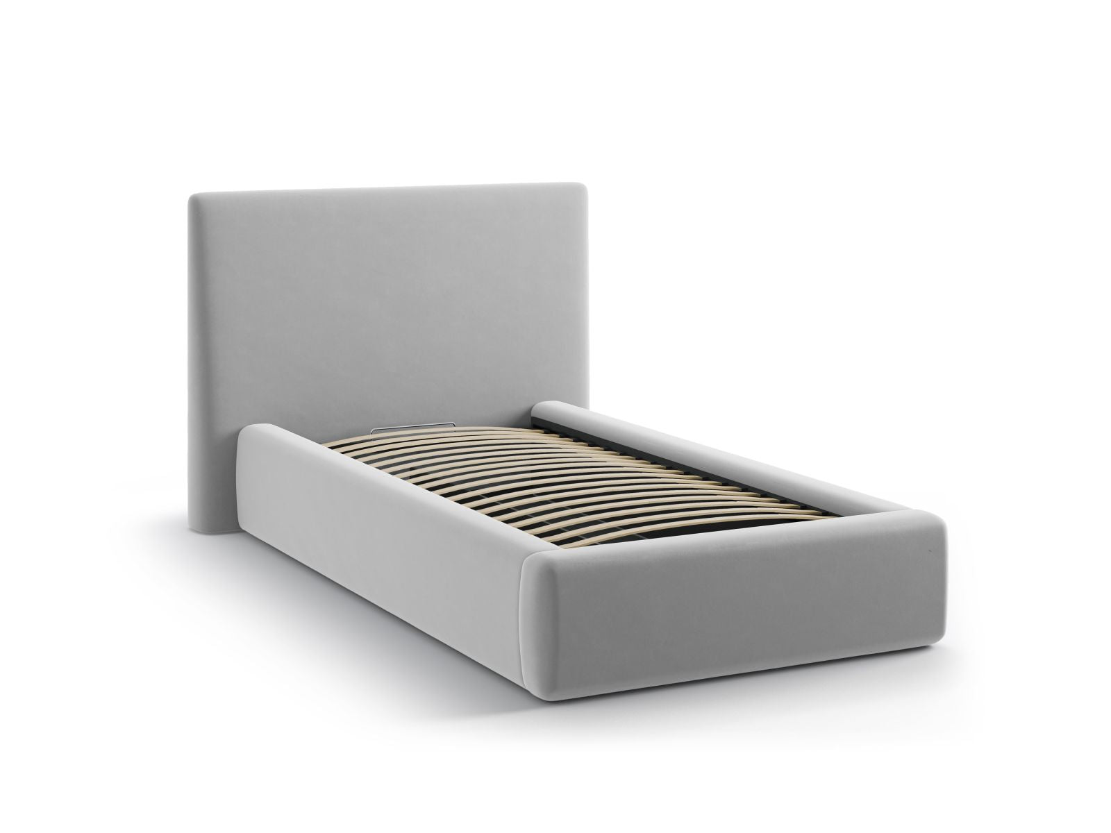Elegantes Asti Bett in Light Grey-Magic Velvet mit 90 cm Kopfteil und praktischem Stauraum, ideal für stilvolle Schlafzimmerlösungen.