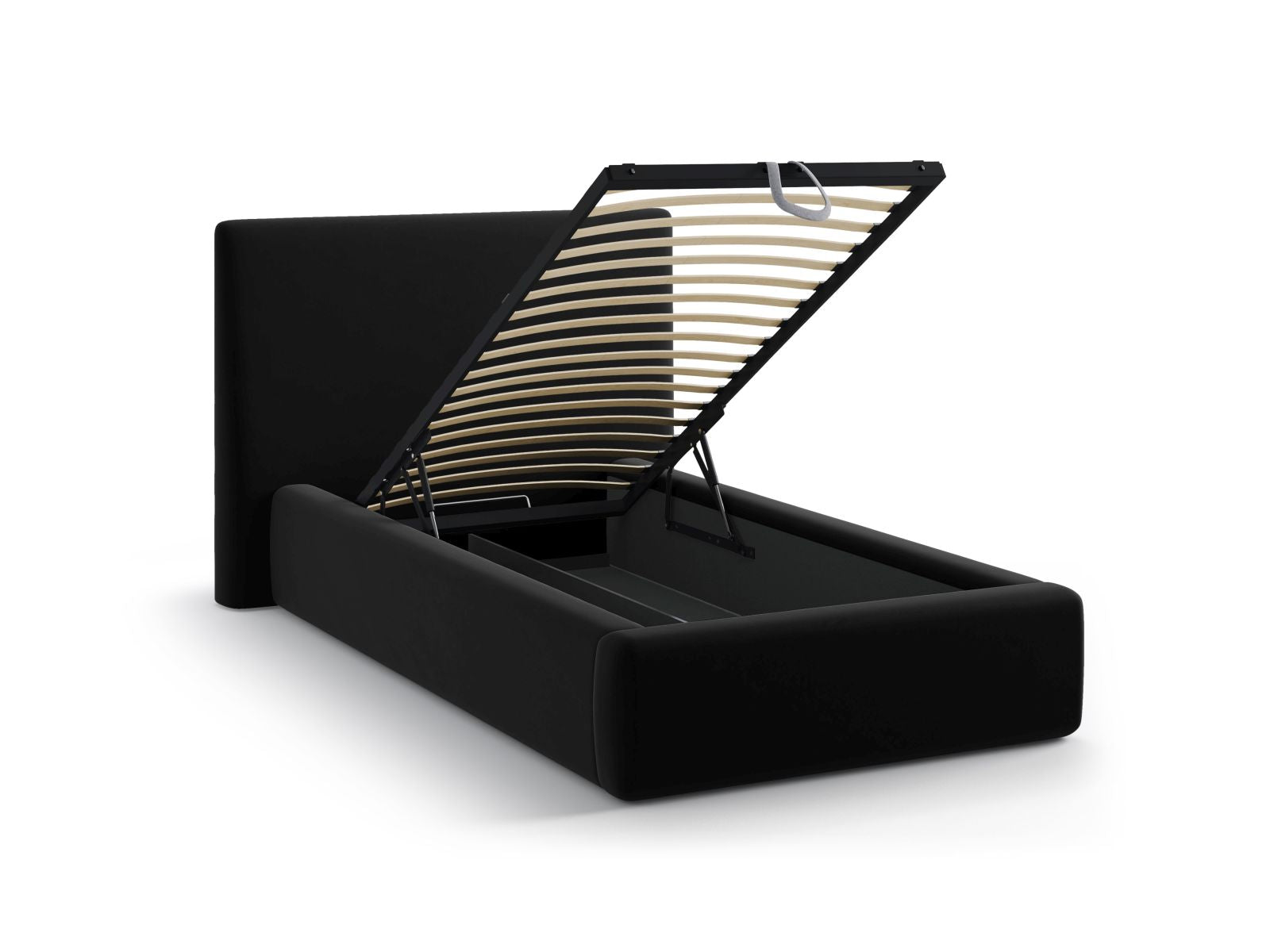 Modernes Asti Bett mit 90 cm hohem Kopfteil und integriertem Stauraum, bezogen mit luxuriösem Black-Magic Velvet für stilvolle Gemütlichkeit.