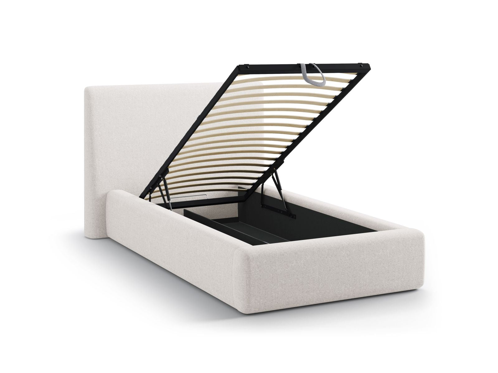 Stylisches Asti Bett mit 90 cm Breite, ausgestattet mit praktischem Stauraum und einem geschmackvollen Kopfteil in sanftem Beige, perfekt für kompakte Räume.