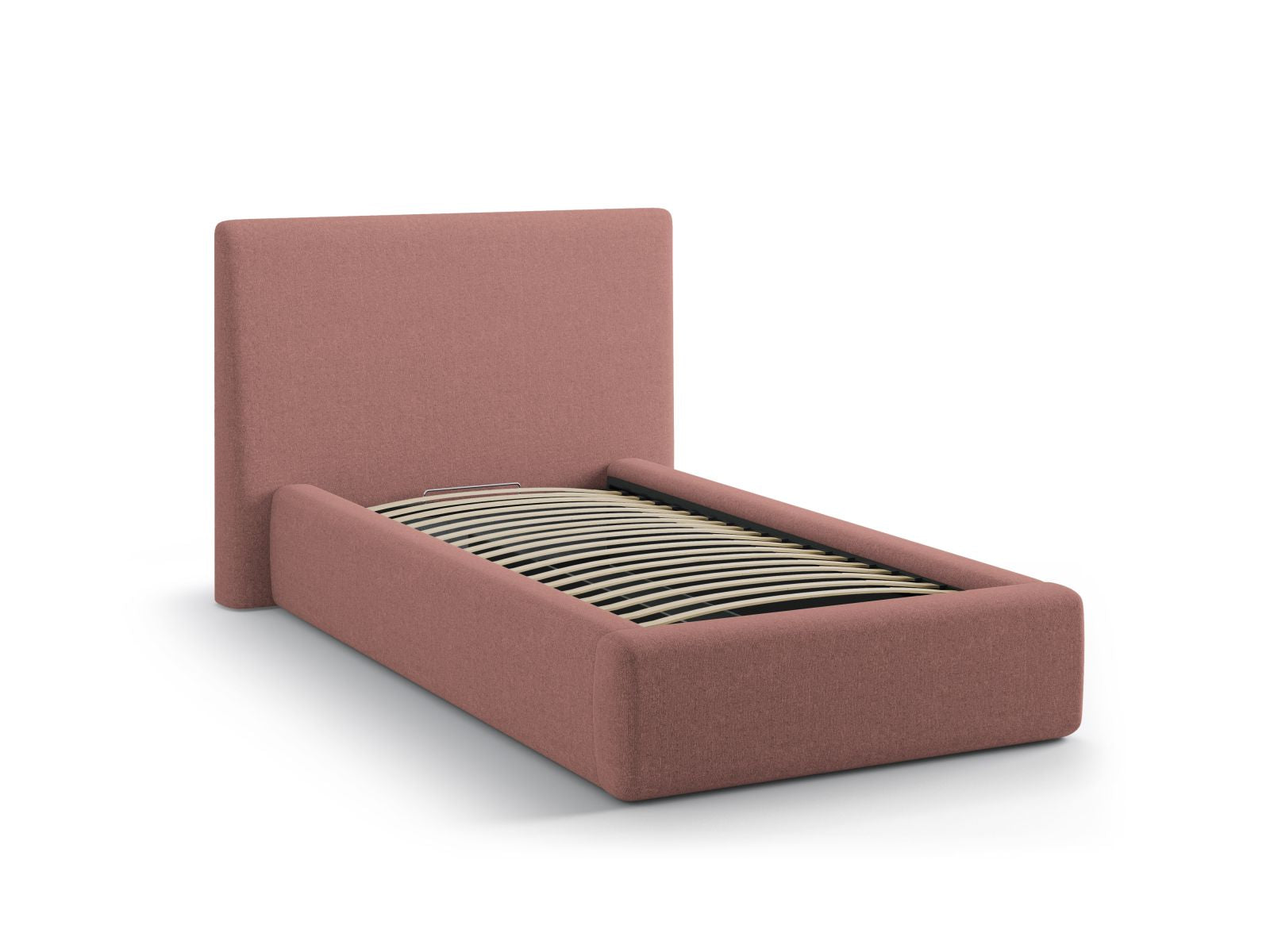 Modernes Asti Bett mit 90 cm Breite, ausgestattet mit Stauraum und elegantem Kopfteil in dunklem Pink, ideal für stilvolle Schlafzimmer.