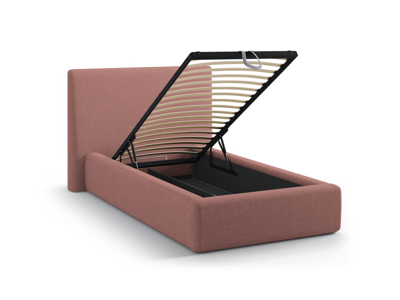 Elegantes Asti Bett in 90 cm Breite, bietet praktischen Stauraum und ein geschmackvolles Kopfteil in dunklem Pink, perfekt für moderne Schlafzimmer.
