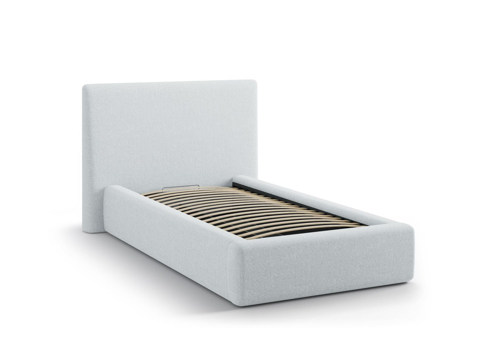 Elegantes Asti Bett in 90 cm Breite, ausgestattet mit praktischem Stauraum und einem stilvollen Kopfteil in hellem Grau, ideal für moderne Schlafzimmer.