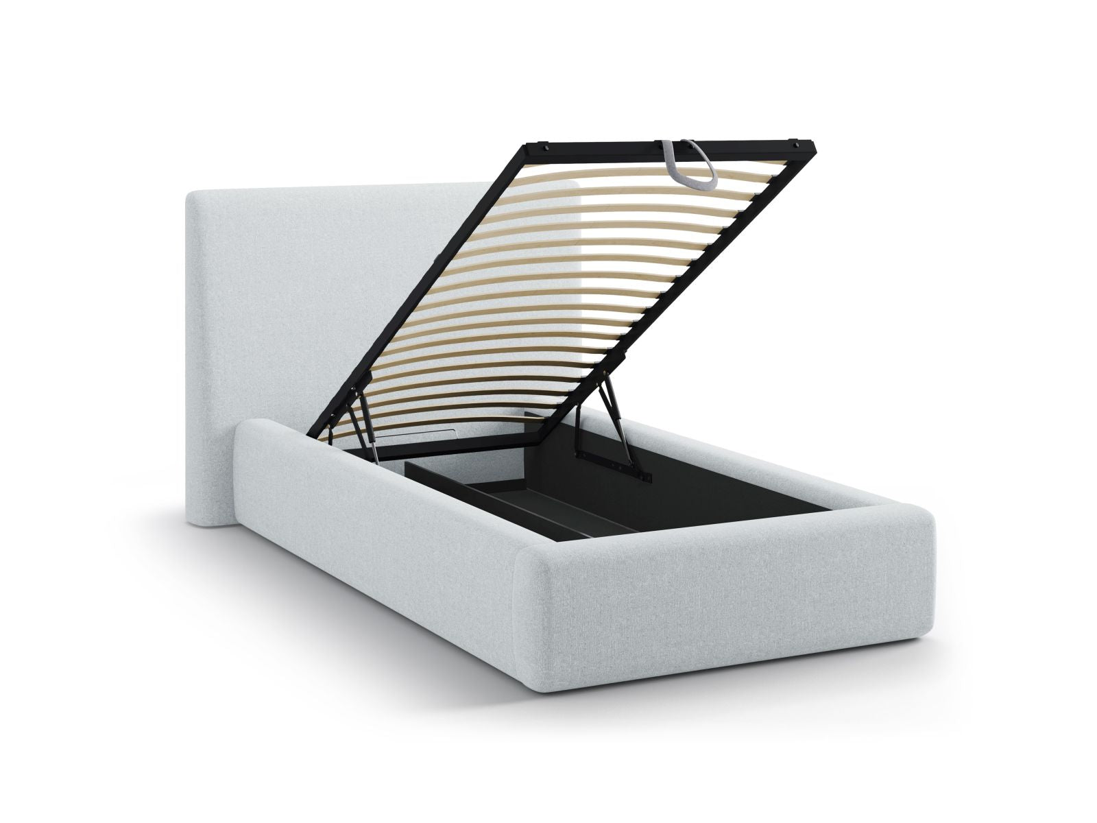 Modernes Asti Bett mit 90 cm Breite, bietet cleveren Stauraum und ein geschmackvolles Kopfteil in sanftem Grau, perfekt für stilvolle Räume.