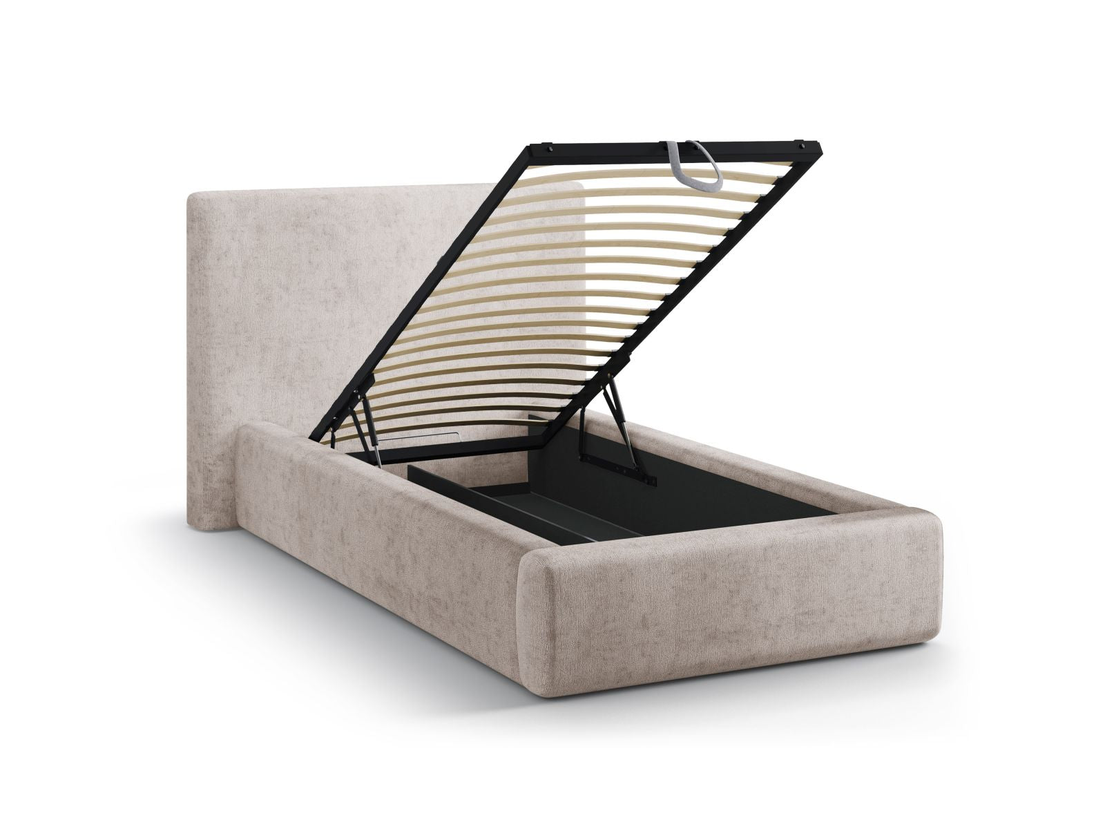 Modernes Asti Bett mit 90 cm Breite, funktionalem Stauraum und geschmackvollem Kopfteil in zartem Beige, perfekt für stilvolle Schlafzimmer.