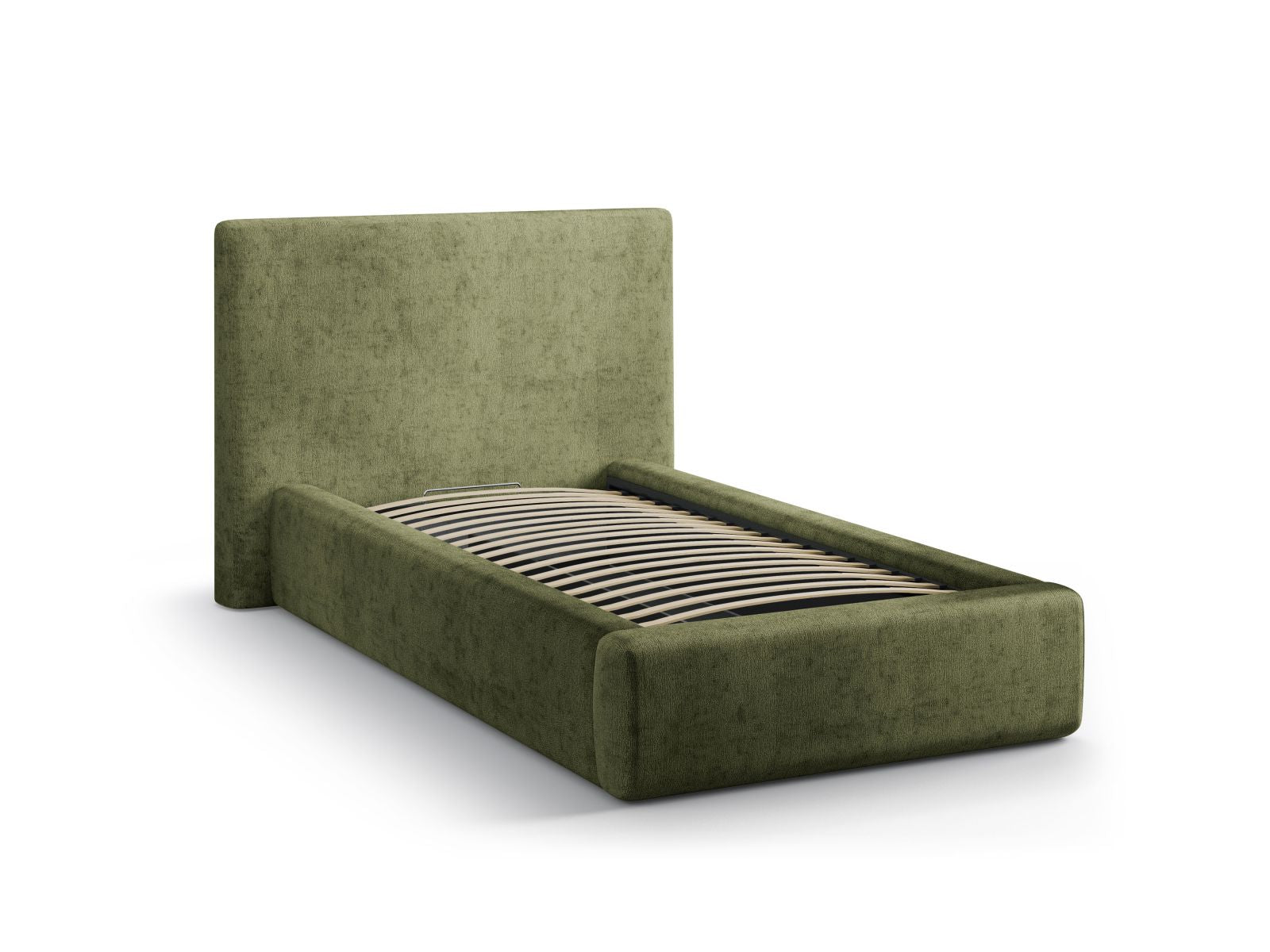 Elegantes Asti Bett in 90 cm Breite, ausgestattet mit praktischem Stauraum und einem ansprechenden Kopfteil in sanften Grüntönen, ideal für jedes Schlafzimmer.