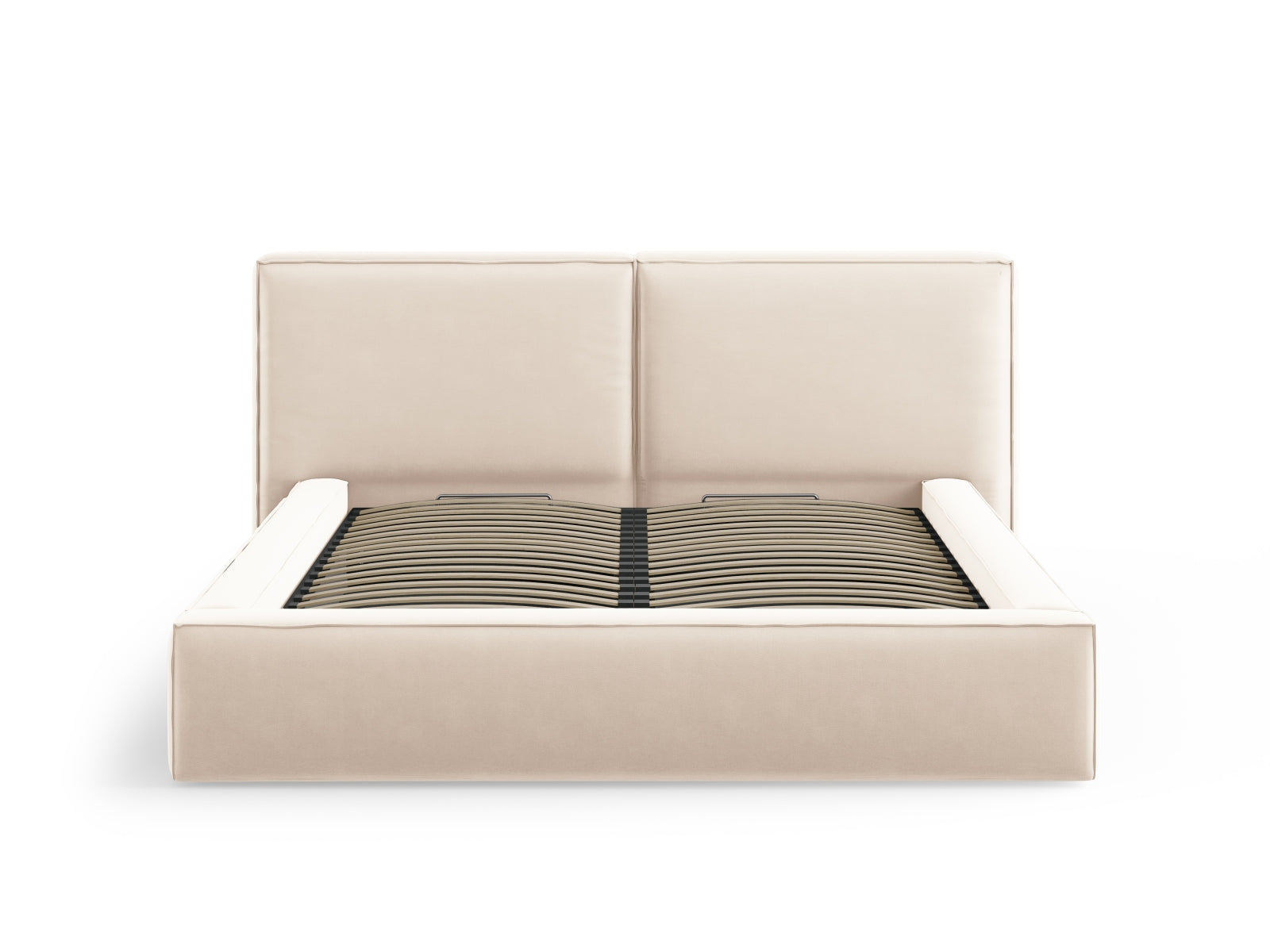 Elegantes Arendal Velour Bett in zartem Beige, bietet cleveren Stauraum und ein luxuriöses doppeltes Kopfteil für optimalen Schlafkomfort.