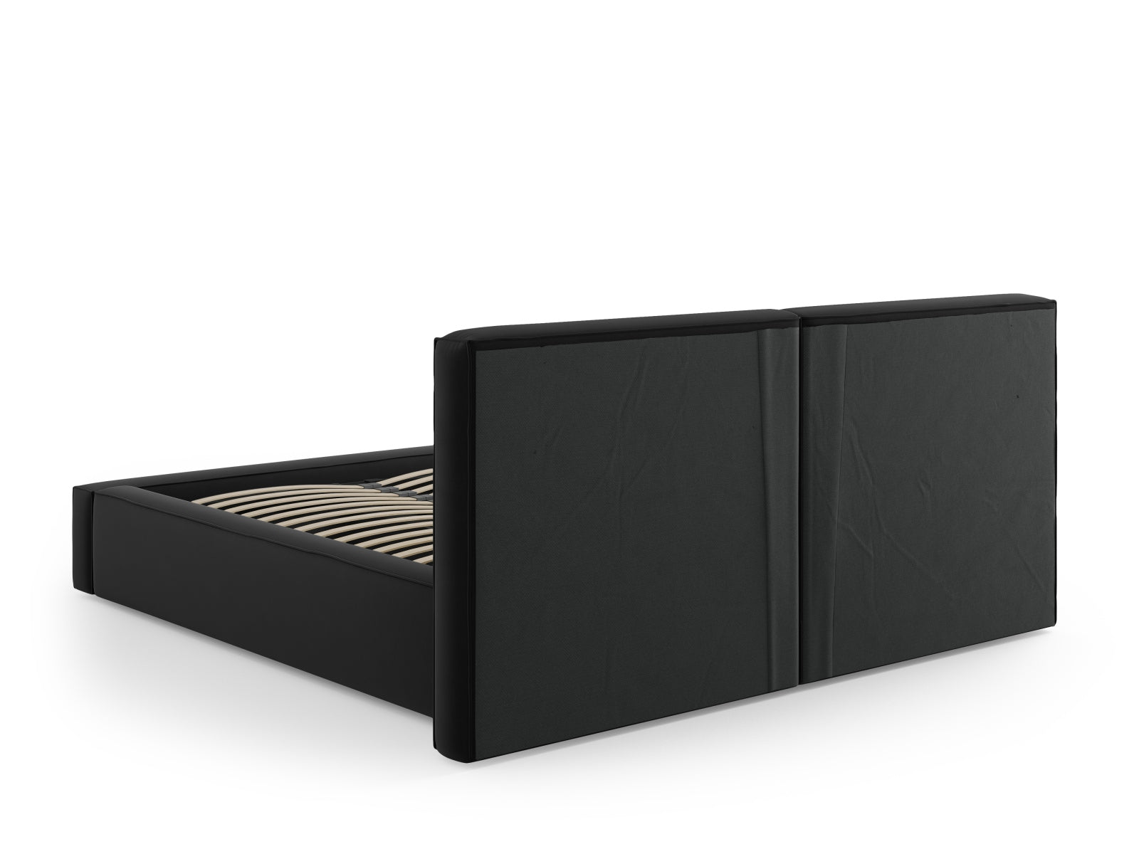Elegantes Arendal Velour Bett in Schwarz mit doppeltem Kopfteil und praktischem Stauraum, perfekt für stilvolle Schlafzimmer.