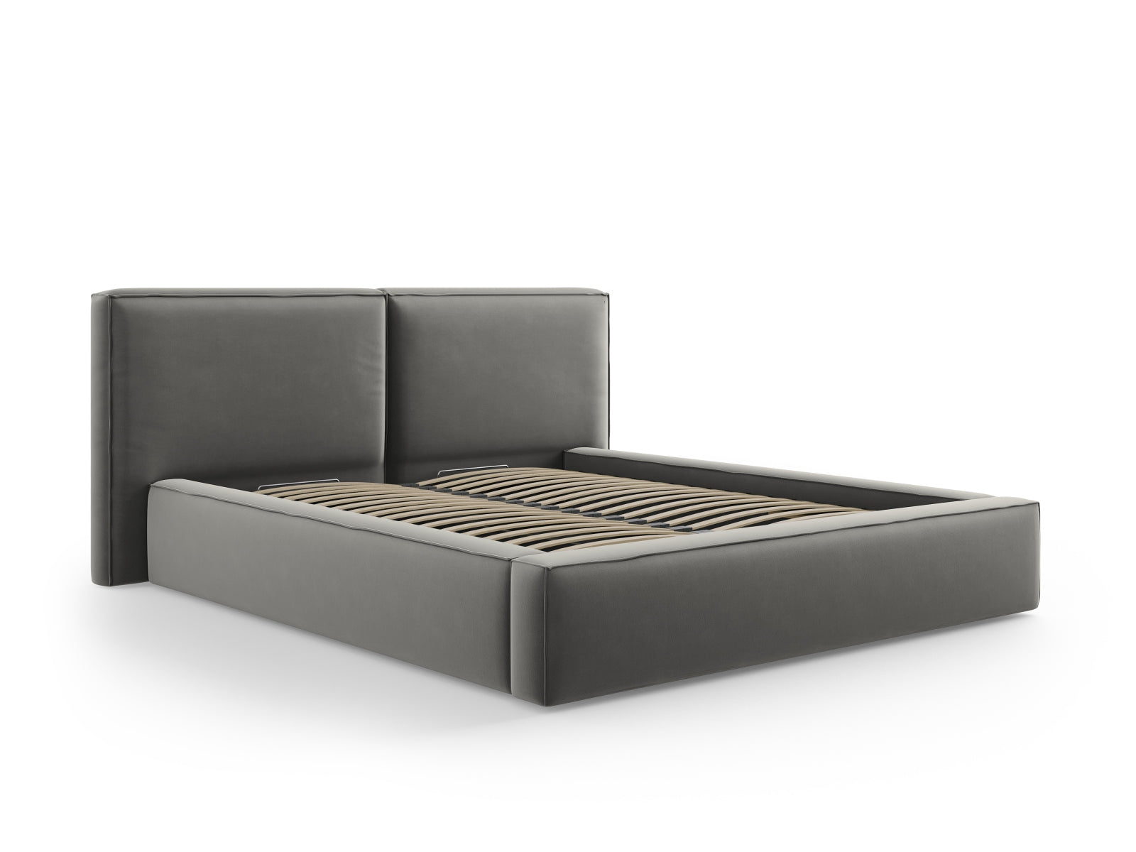 Modernes Arendal Velour Bett in sanftem Grau, ausgestattet mit praktischem Stauraum und einem doppelten Kopfteil für zusätzlichen Komfort.