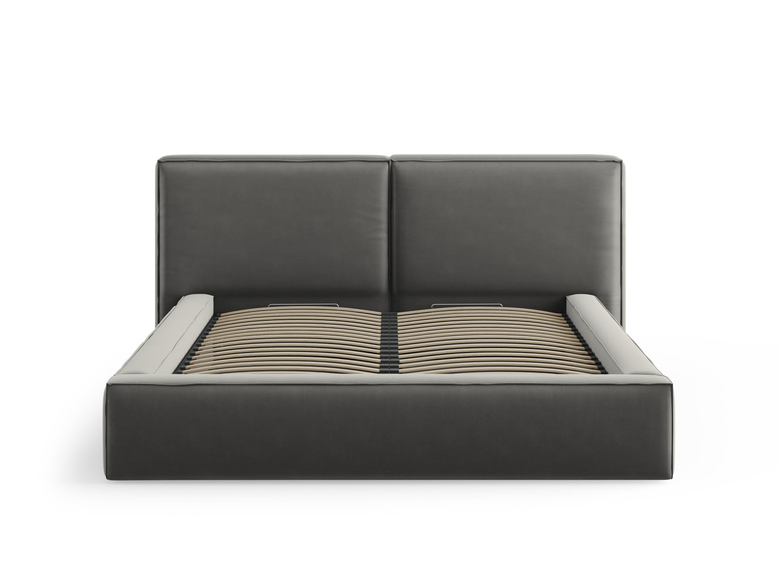 Elegantes Arendal Velour Bett in stilvollem Grau, bietet cleveren Stauraum und ein luxuriöses, doppeltes Kopfteil für höchsten Schlafkomfort.