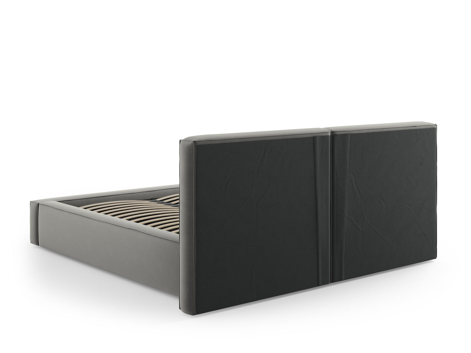 Elegantes Arendal Velour Bett in stilvollem Grau, bietet cleveren Stauraum und ein komfortables, doppeltes Kopfteil für entspannte Nächte.