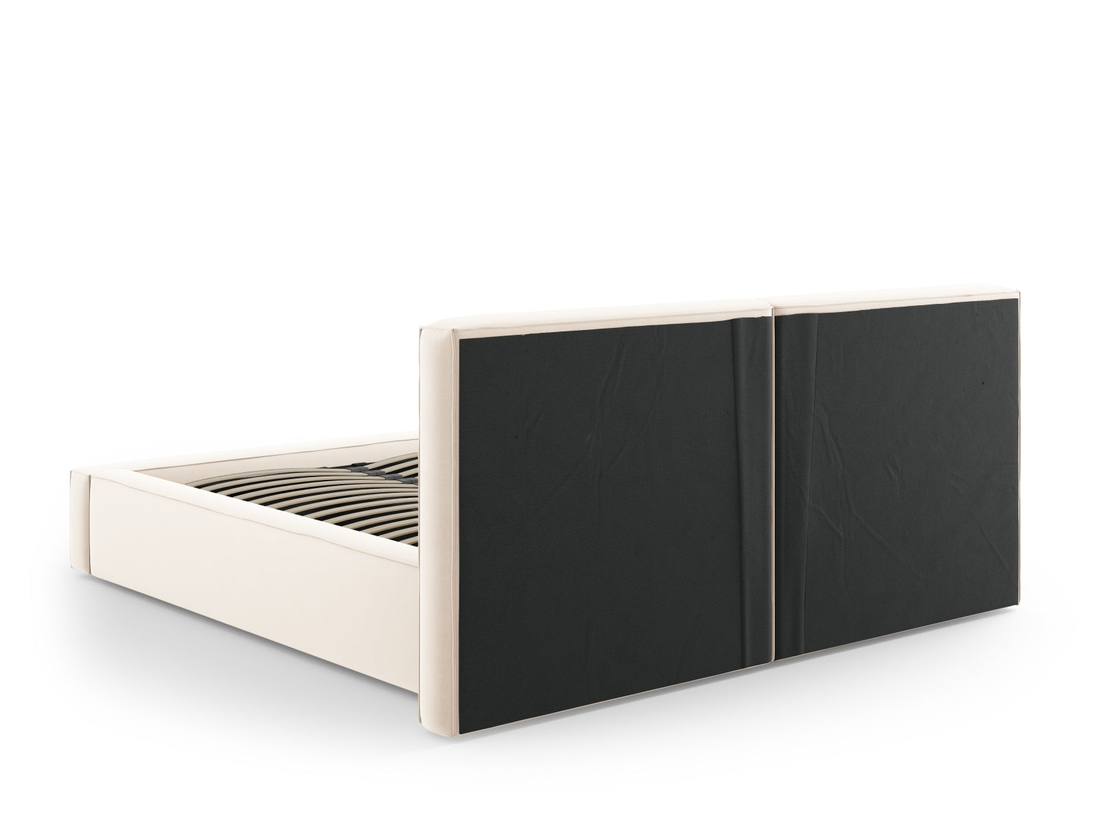 Elegantes Arendal Velour Bett in sanftem Beige, bietet großzügigen Stauraum und ein luxuriöses, doppeltes Kopfteil für höchsten Komfort.